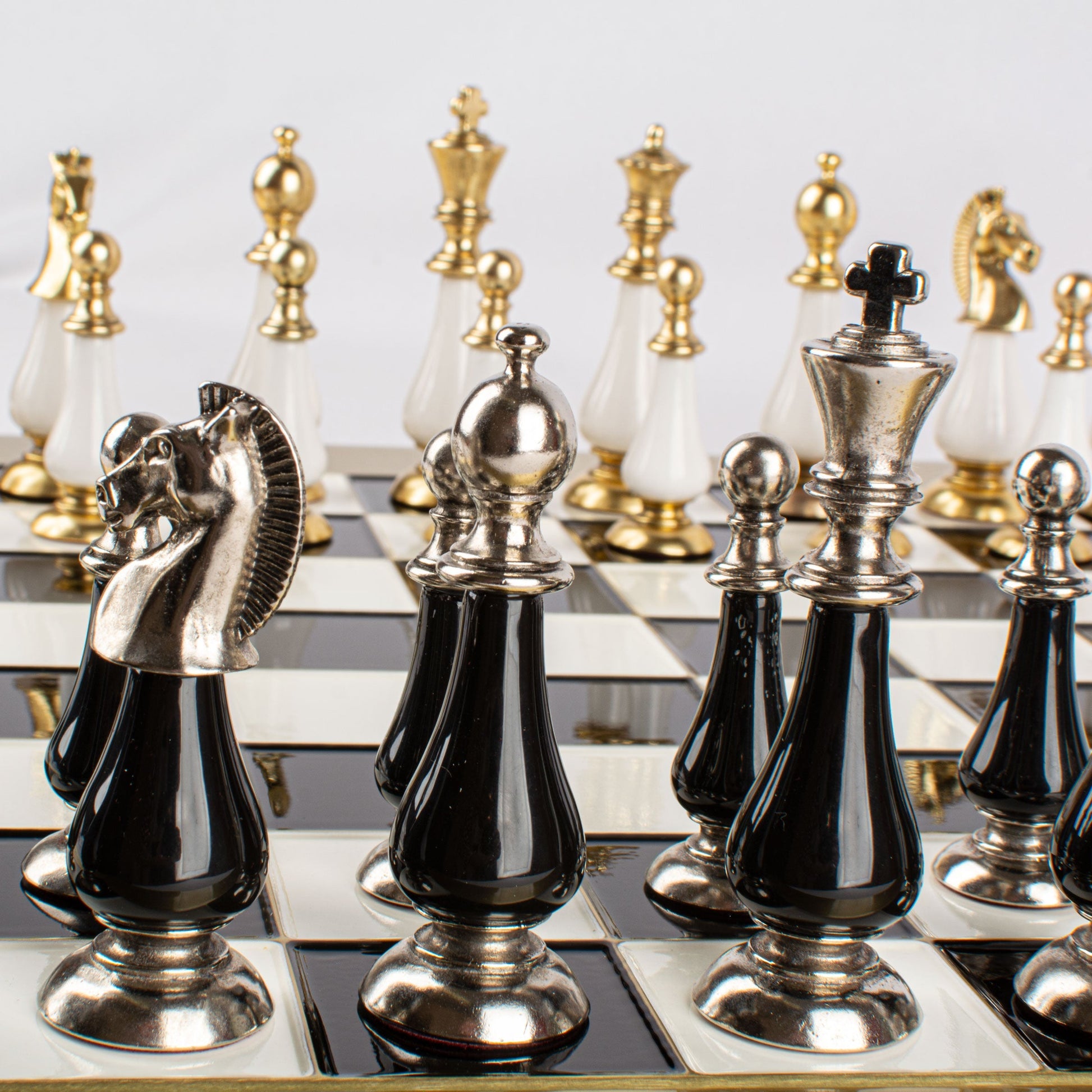 Handcrafted Chess Set, Brass and Pewter finish Chessmen with Black and ivory Pearl Elements (Large) - Premium Chess from MANOPOULOS Chess & Backgammon - Just €210! Shop now at MANOPOULOS Chess & Backgammon
