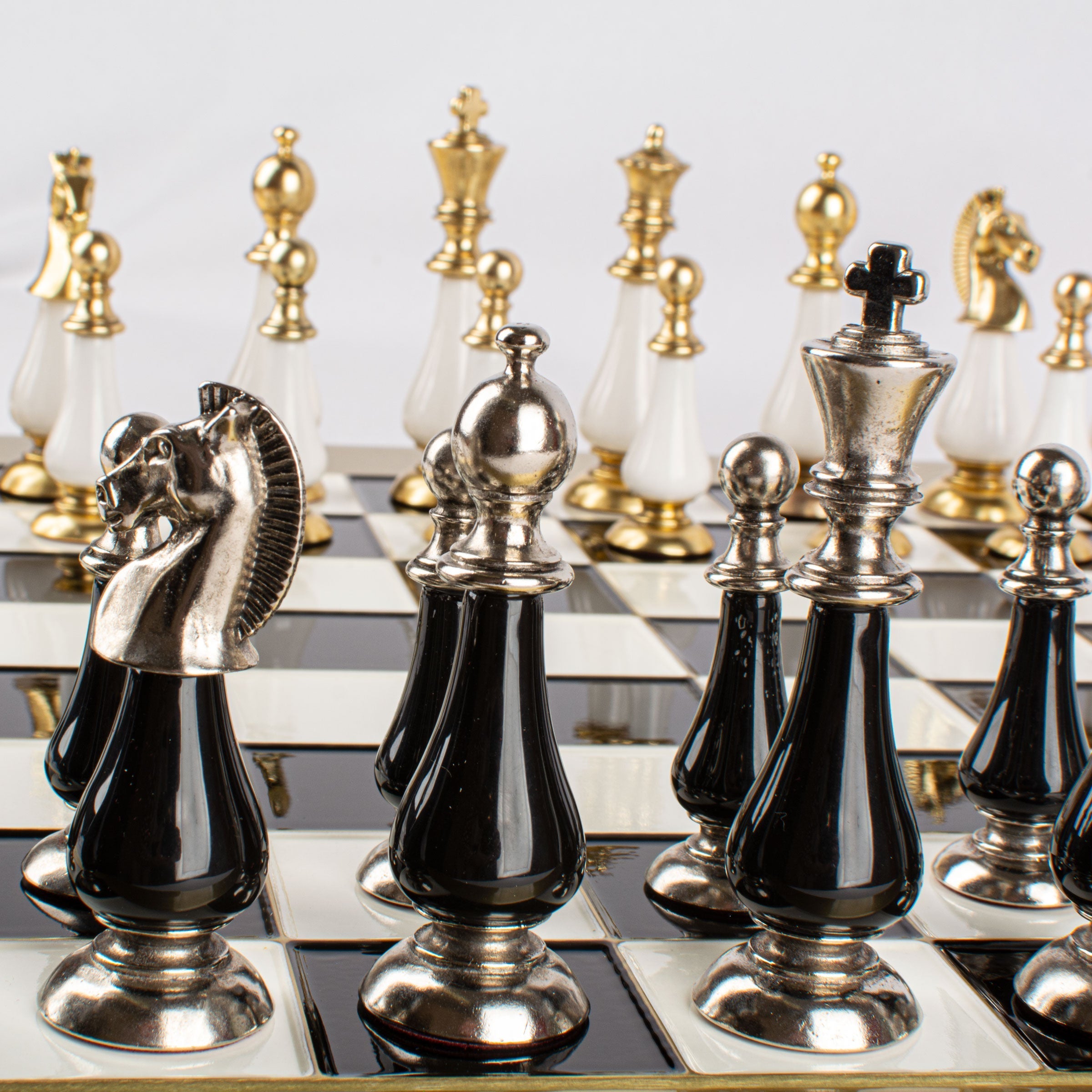 Handcrafted Chess Set, Brass and Pewter finish Chessmen with Black and ivory Pearl Elements (Large) - Premium Chess from MANOPOULOS Chess & Backgammon - Just €210! Shop now at MANOPOULOS Chess & Backgammon