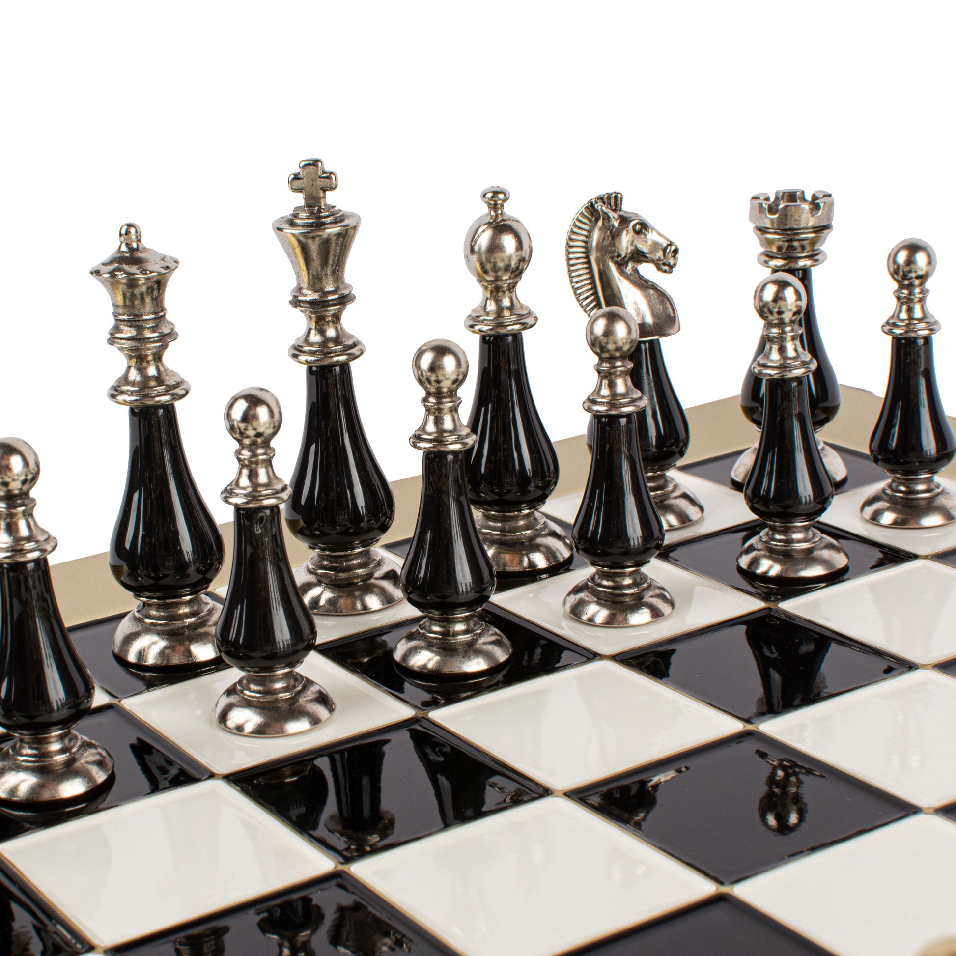 Handcrafted Chess Set, Brass and Pewter finish Chessmen with Black and ivory Pearl Elements (Large) - Premium Chess from MANOPOULOS Chess & Backgammon - Just €210! Shop now at MANOPOULOS Chess & Backgammon