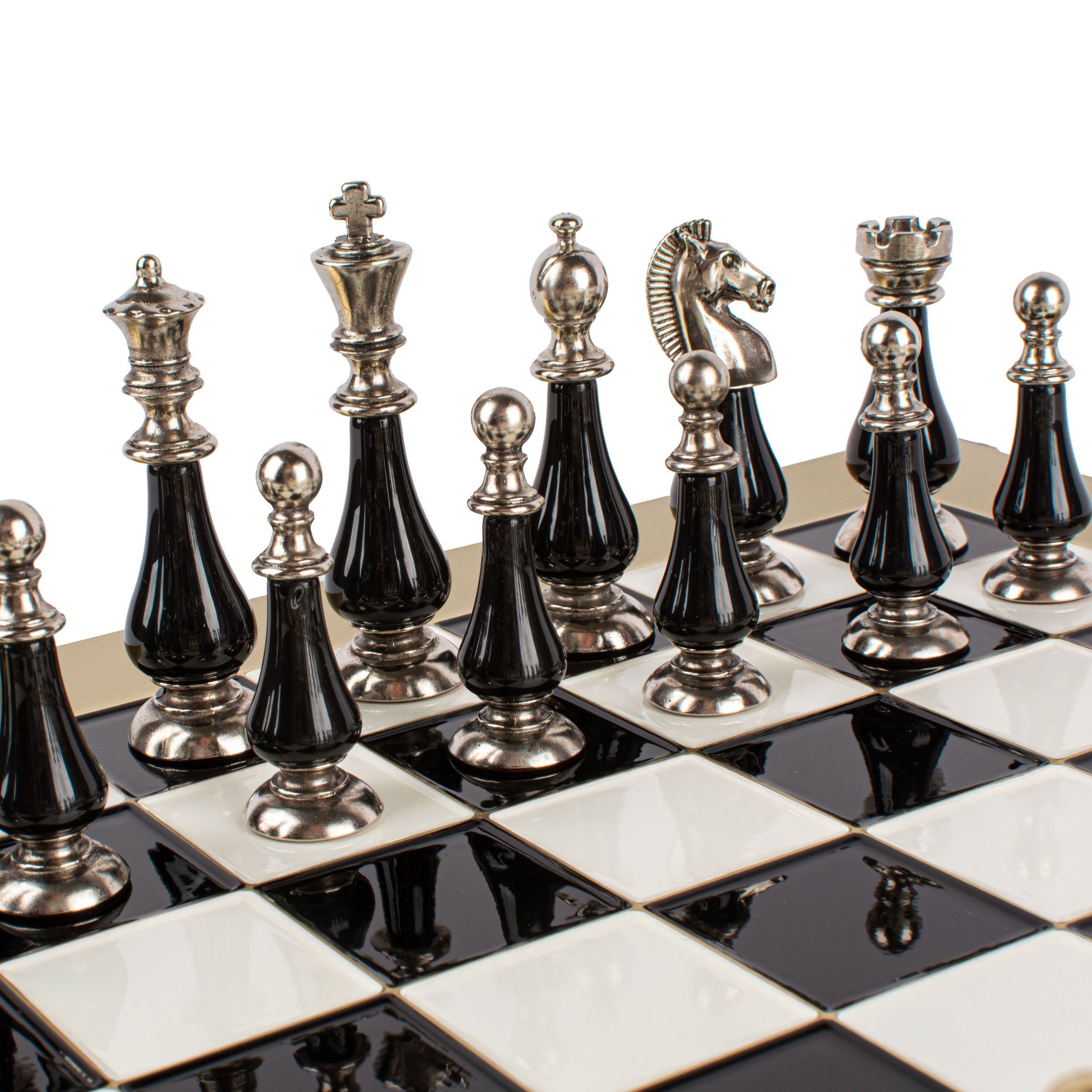 Handcrafted Chess Set, Brass and Pewter finish Chessmen with Black and ivory Pearl Elements (Large) - Premium Chess from MANOPOULOS Chess & Backgammon - Just €210! Shop now at MANOPOULOS Chess & Backgammon