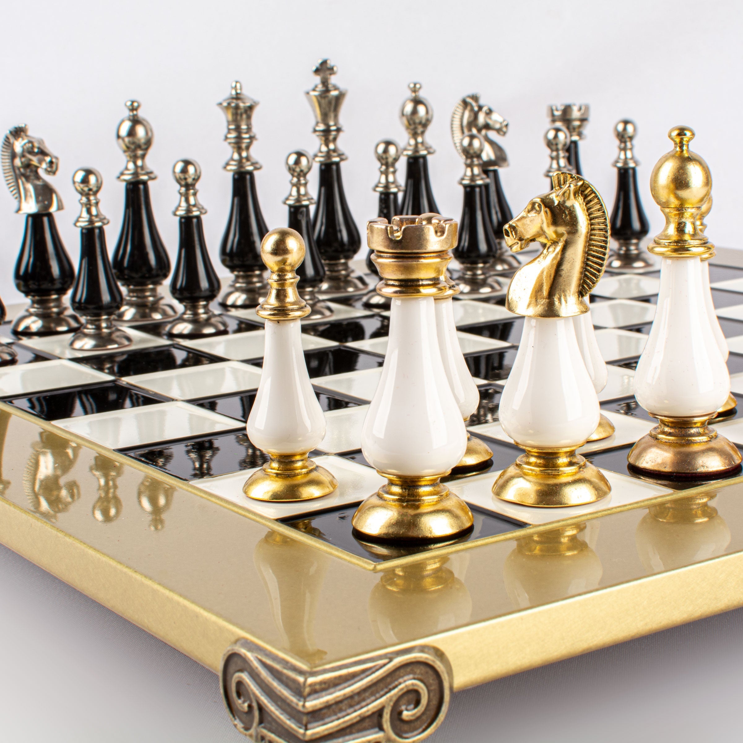 Handcrafted Chess Set, Brass and Pewter finish Chessmen with Black and ivory Pearl Elements (Large) - Premium Chess from MANOPOULOS Chess & Backgammon - Just €210! Shop now at MANOPOULOS Chess & Backgammon