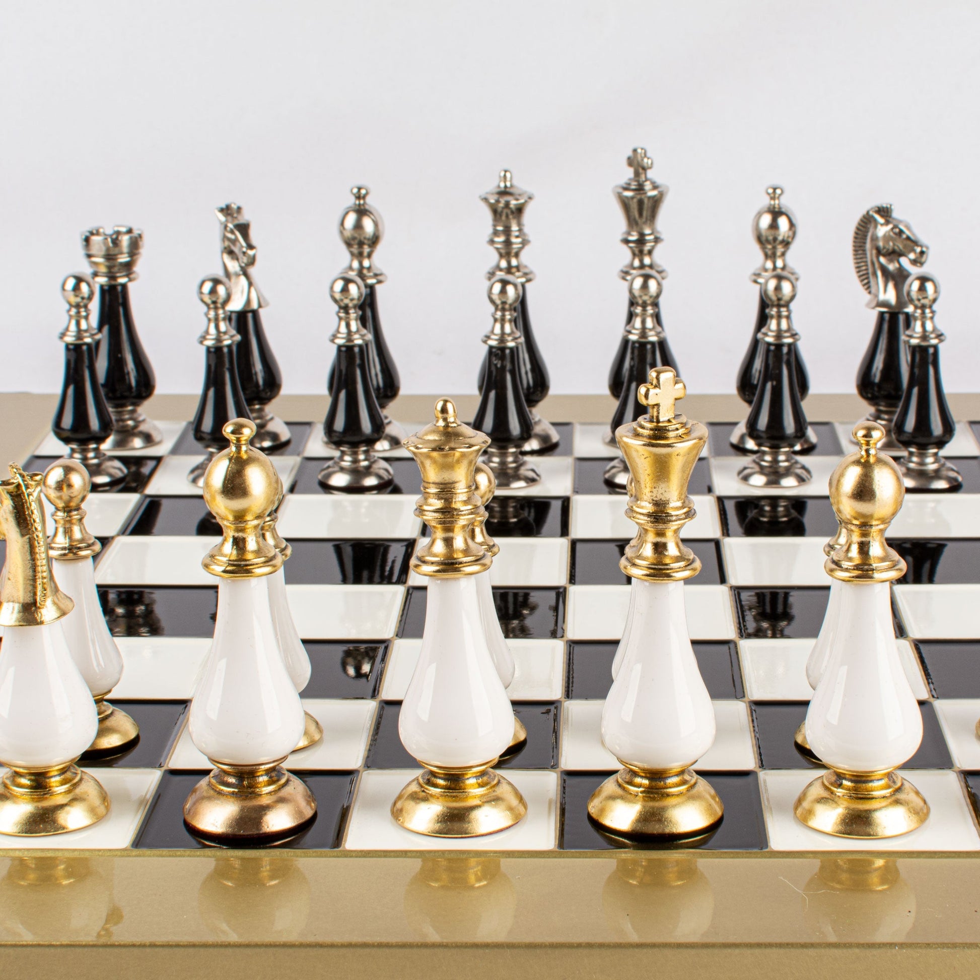 Handcrafted Chess Set, Brass and Pewter finish Chessmen with Black and ivory Pearl Elements (Large) - Premium Chess from MANOPOULOS Chess & Backgammon - Just €210! Shop now at MANOPOULOS Chess & Backgammon