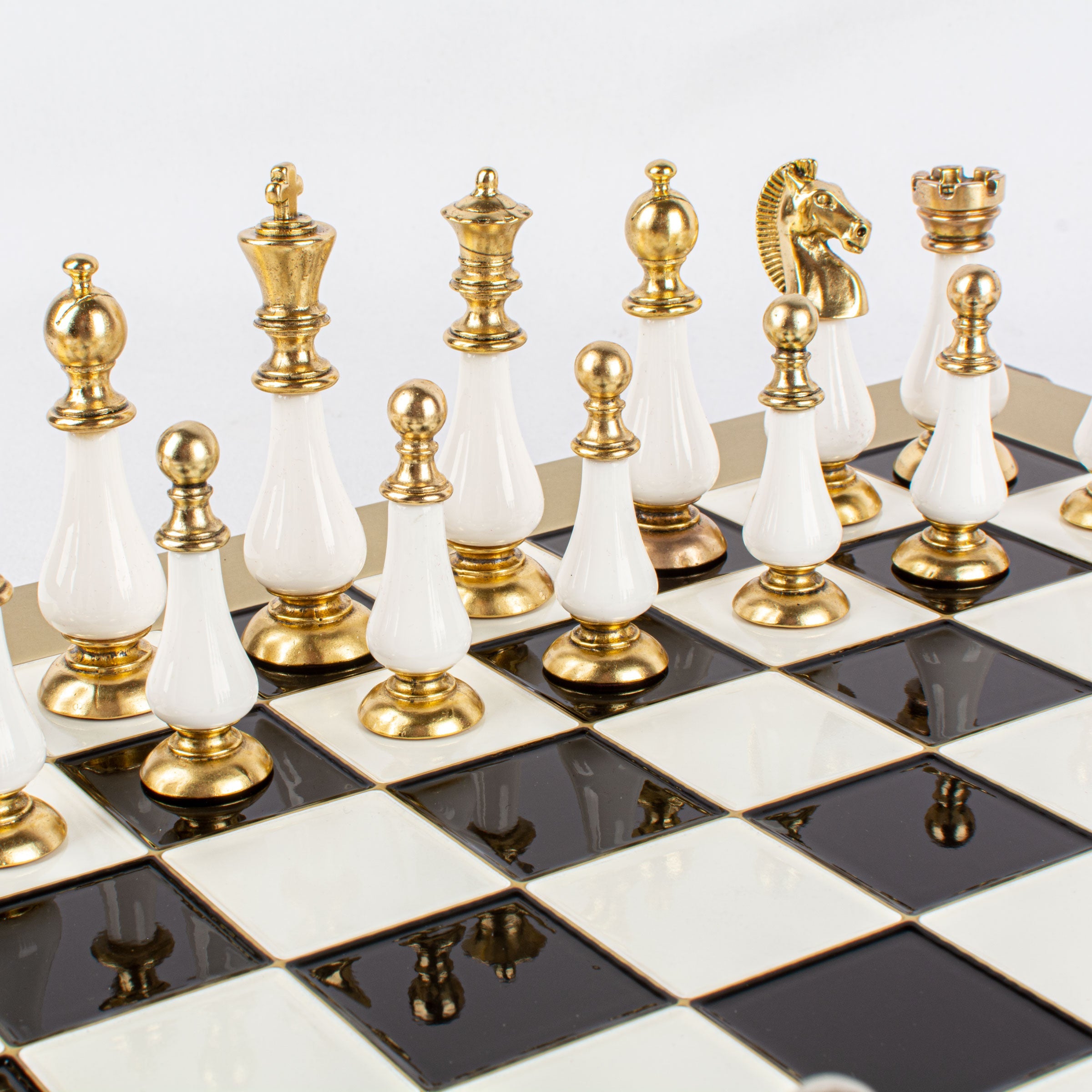 Handcrafted Chess Set, Brass and Pewter finish Chessmen with Black and ivory Pearl Elements (Large) - Premium Chess from MANOPOULOS Chess & Backgammon - Just €210! Shop now at MANOPOULOS Chess & Backgammon