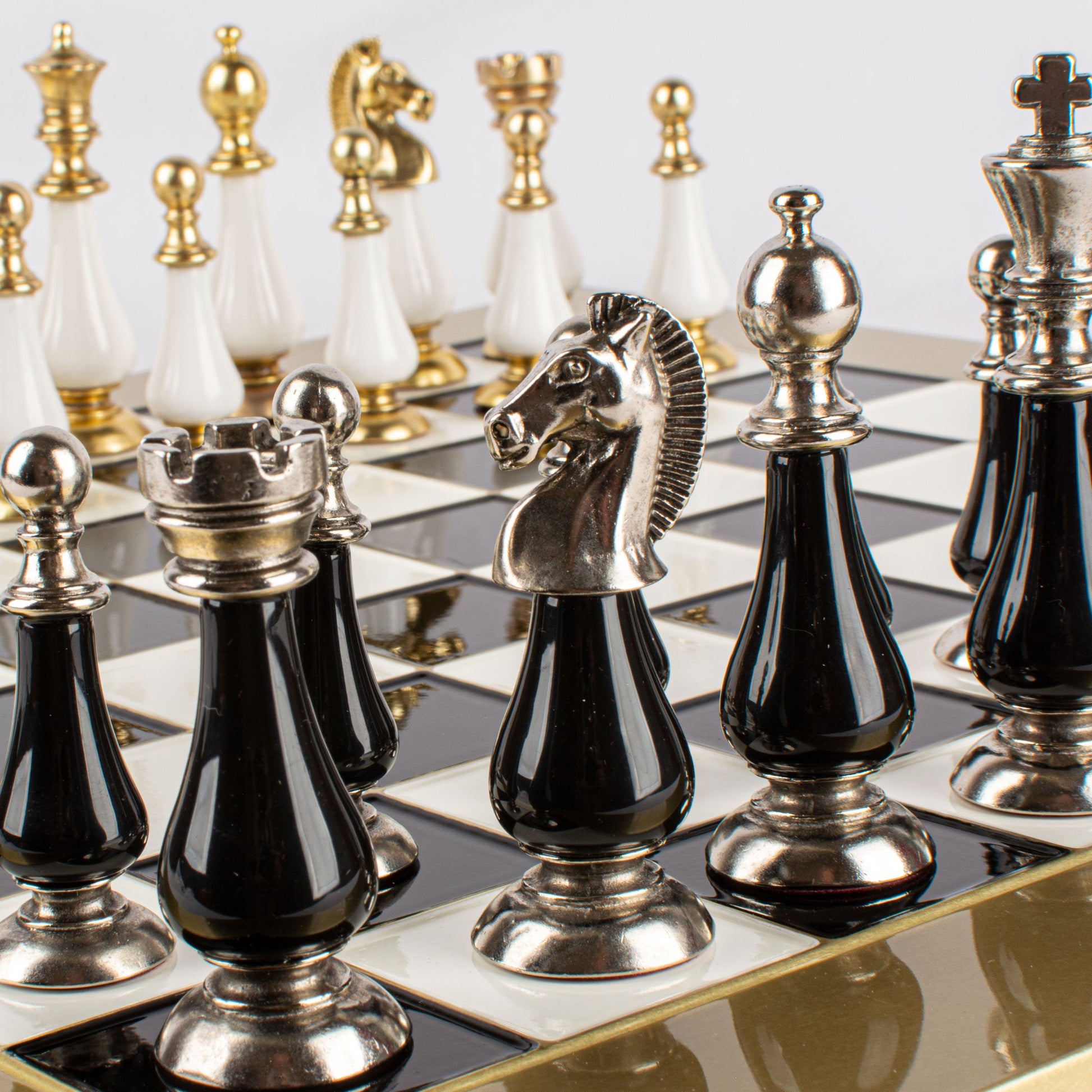 Handcrafted Chess Set, Brass and Pewter finish Chessmen with Black and ivory Pearl Elements (Large) - Premium Chess from MANOPOULOS Chess & Backgammon - Just €210! Shop now at MANOPOULOS Chess & Backgammon
