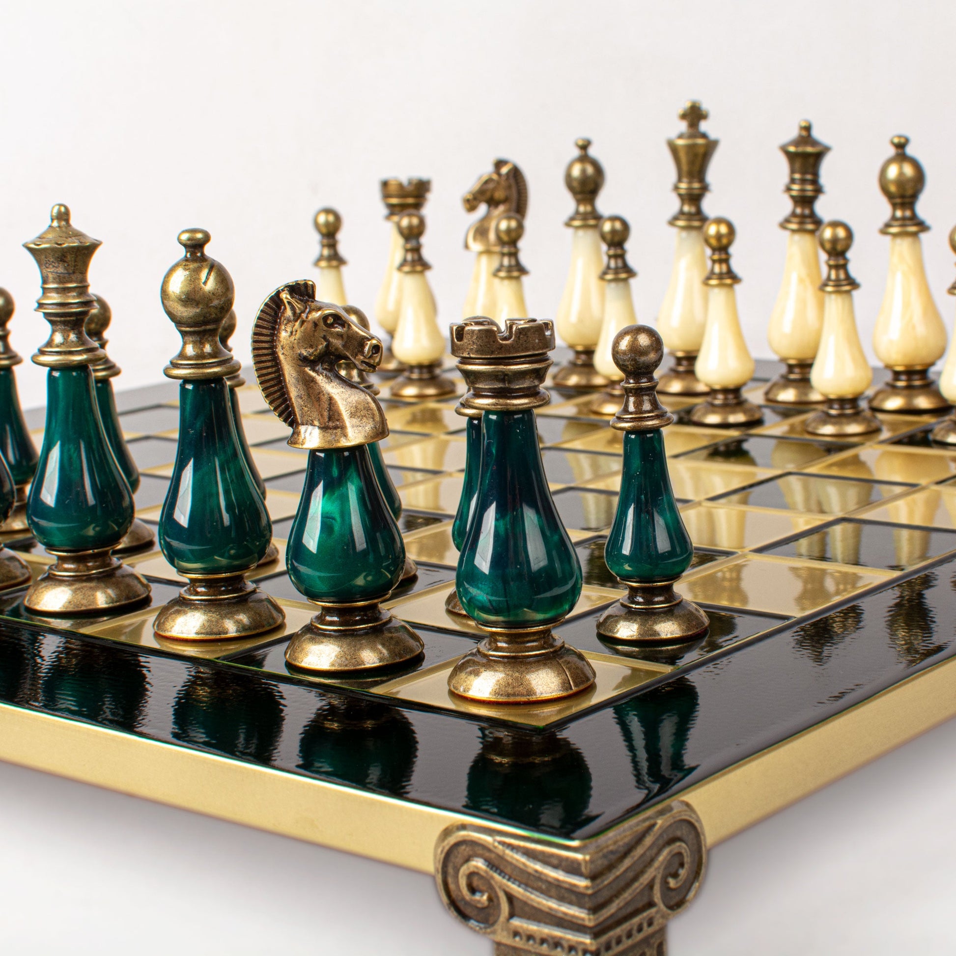 Handcrafted Chess Set, Brass and Pewter finish Chessmen with Green and ivory Pearl Elements (Large) (Copy) - Premium Chess from MANOPOULOS Chess & Backgammon - Just €210! Shop now at MANOPOULOS Chess & Backgammon
