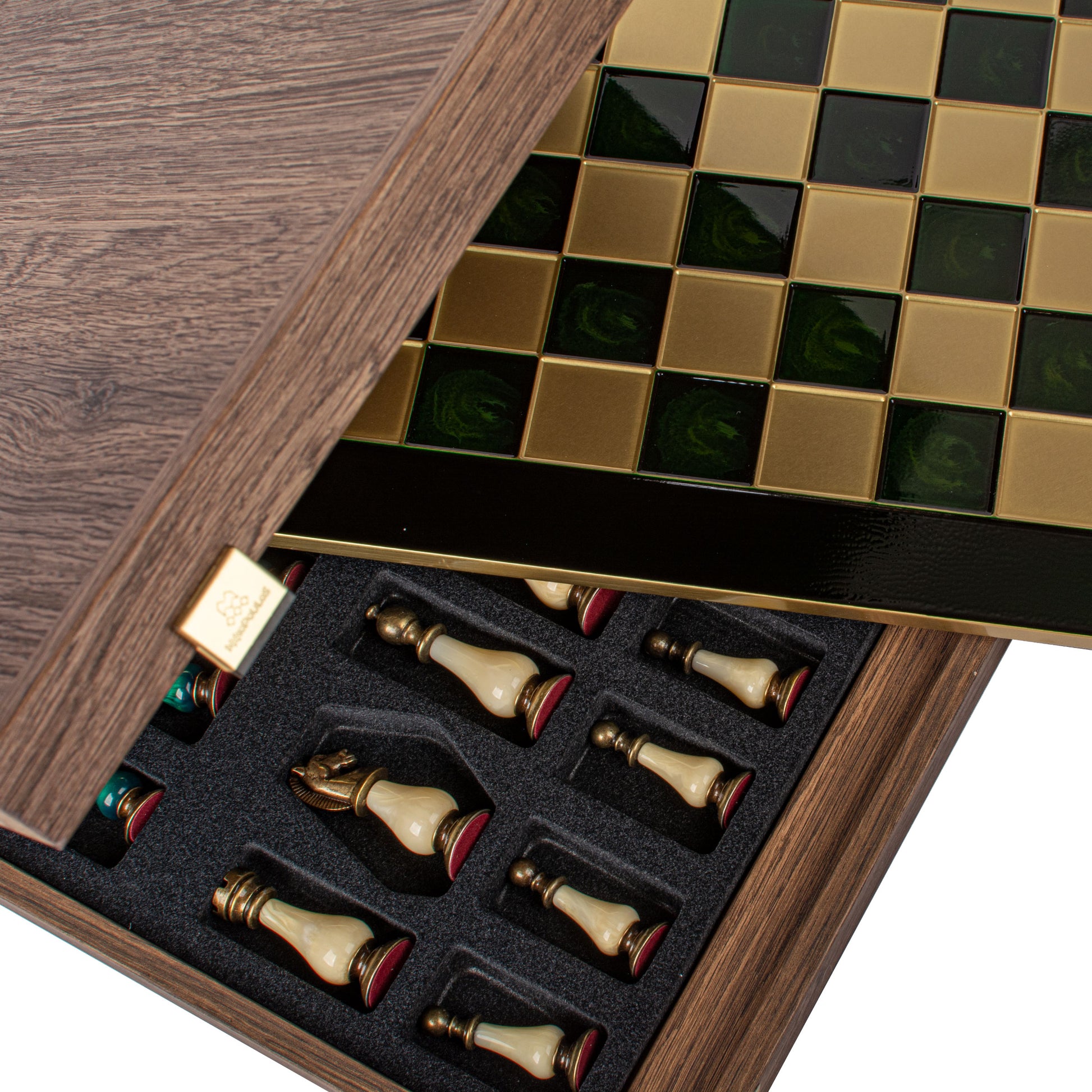 Handcrafted Chess Set, Brass and Pewter finish Chessmen with Green and ivory Pearl Elements (Large) (Copy) - Premium Chess from MANOPOULOS Chess & Backgammon - Just €210! Shop now at MANOPOULOS Chess & Backgammon