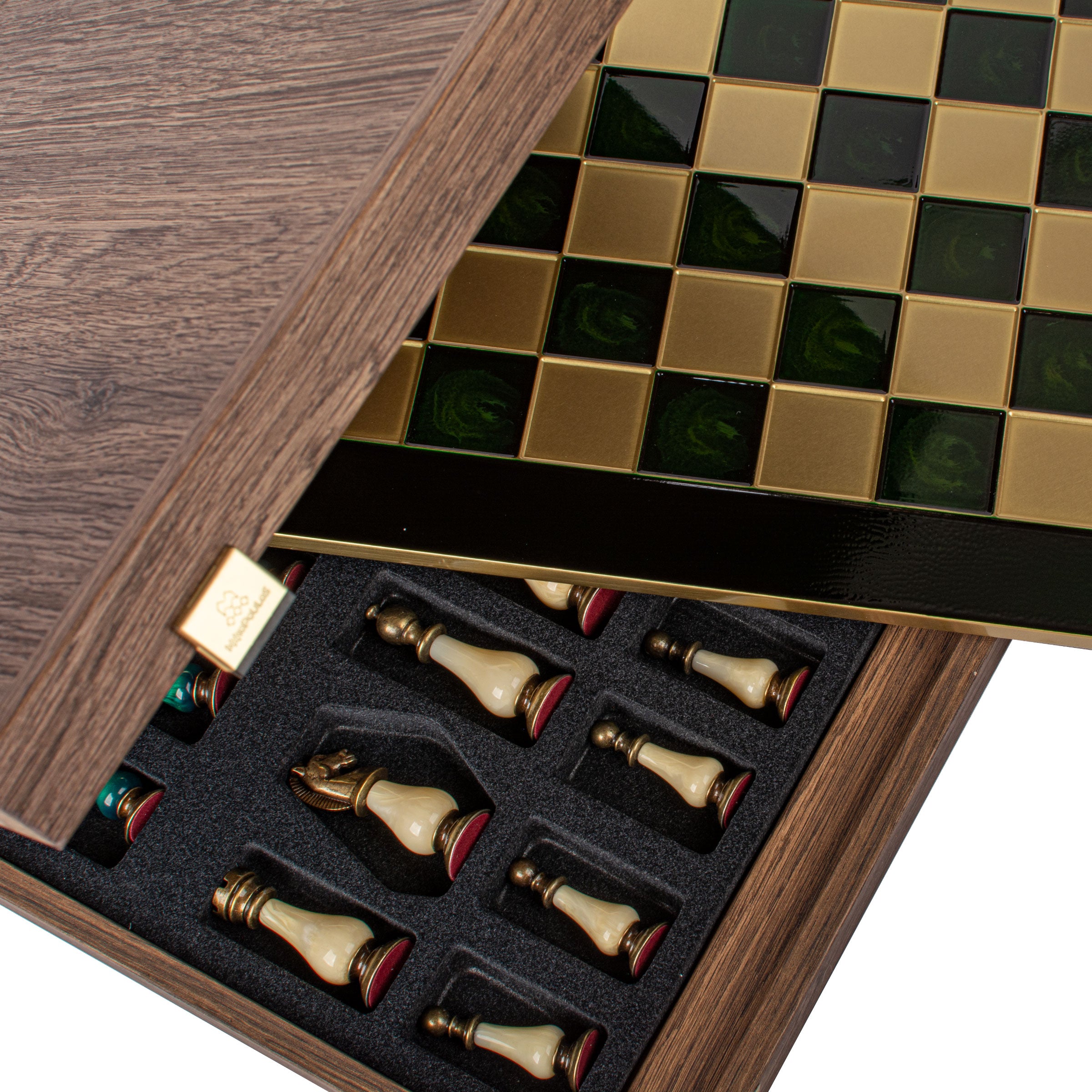 Handcrafted Chess Set, Brass and Pewter finish Chessmen with Green and ivory Pearl Elements (Large) (Copy) - Premium Chess from MANOPOULOS Chess & Backgammon - Just €210! Shop now at MANOPOULOS Chess & Backgammon
