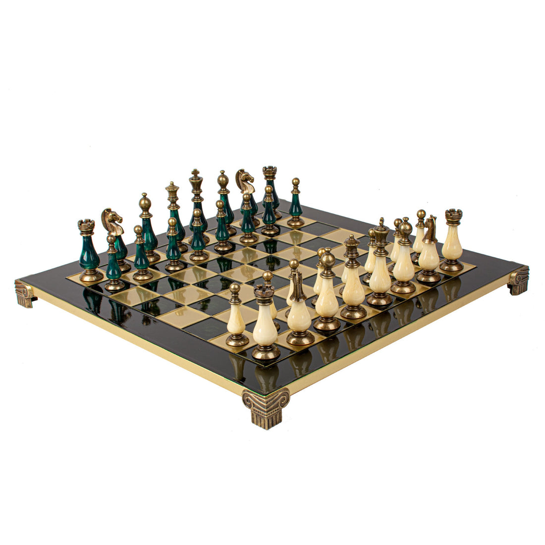 Handcrafted Chess Set, Brass and Pewter finish Chessmen with Green and ivory Pearl Elements (Large) (Copy) - Premium Chess from MANOPOULOS Chess & Backgammon - Just €417! Shop now at MANOPOULOS Chess & Backgammon
