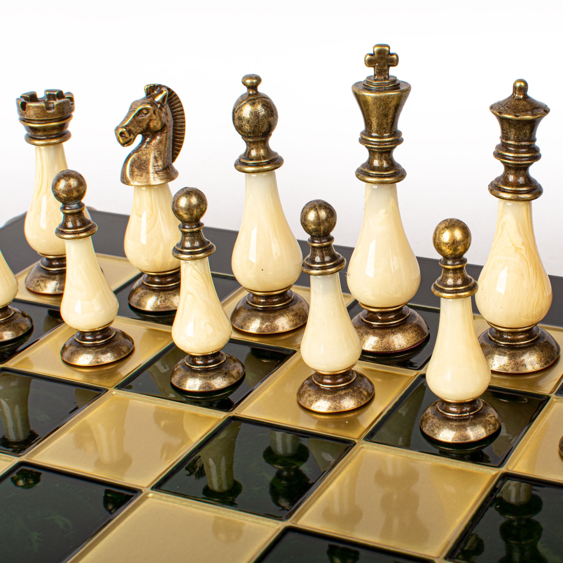 Handcrafted Chess Set, Brass and Pewter finish Chessmen with Green and ivory Pearl Elements (Large) (Copy) - Premium Chess from MANOPOULOS Chess & Backgammon - Just €417! Shop now at MANOPOULOS Chess & Backgammon