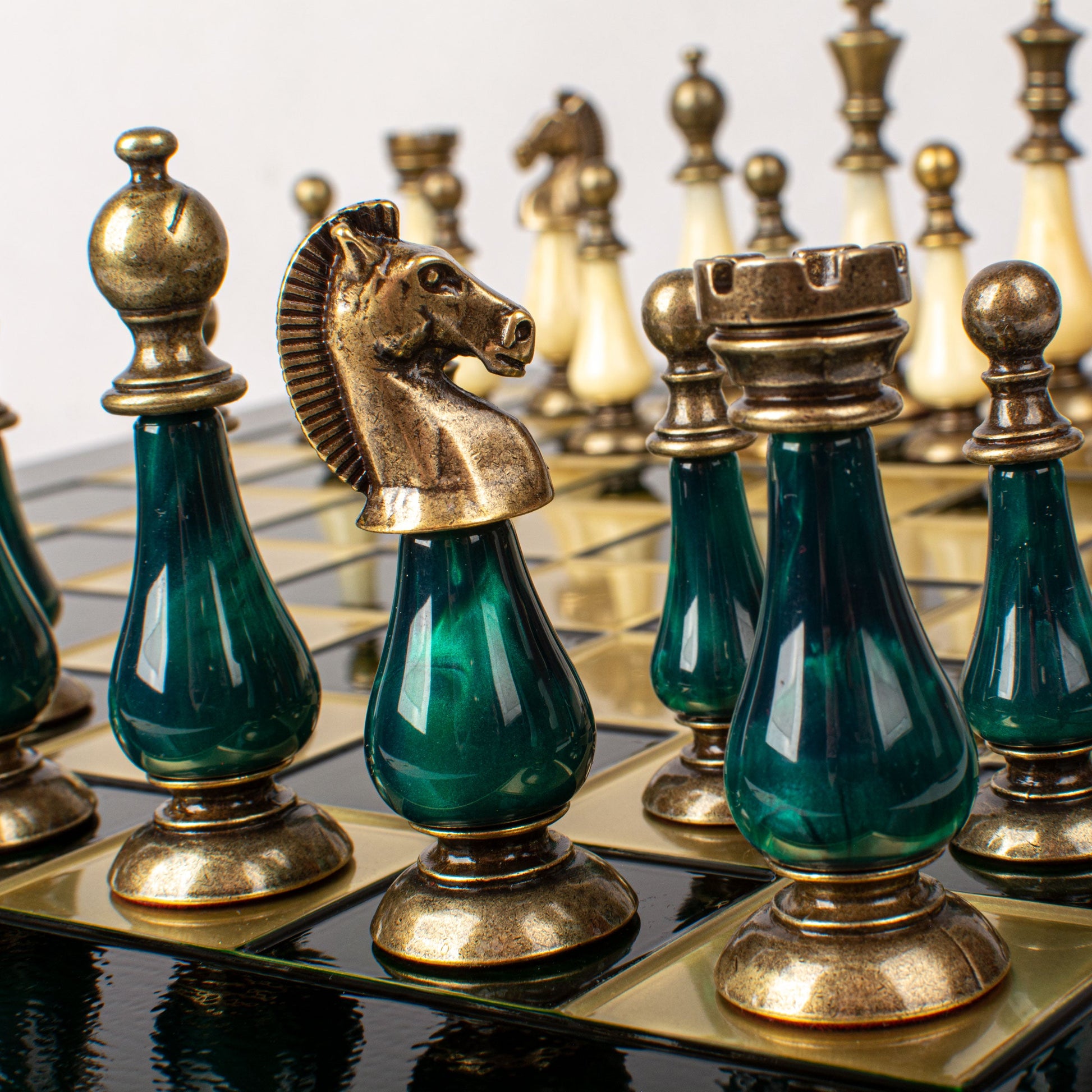 Handcrafted Chess Set, Brass and Pewter finish Chessmen with Green and ivory Pearl Elements (Large) (Copy) - Premium Chess from MANOPOULOS Chess & Backgammon - Just €417! Shop now at MANOPOULOS Chess & Backgammon