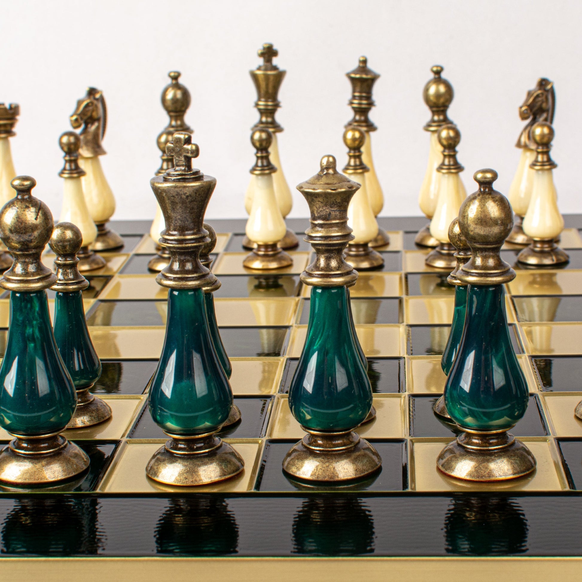 Handcrafted Chess Set, Brass and Pewter finish Chessmen with Green and ivory Pearl Elements (Large) (Copy) - Premium Chess from MANOPOULOS Chess & Backgammon - Just €417! Shop now at MANOPOULOS Chess & Backgammon