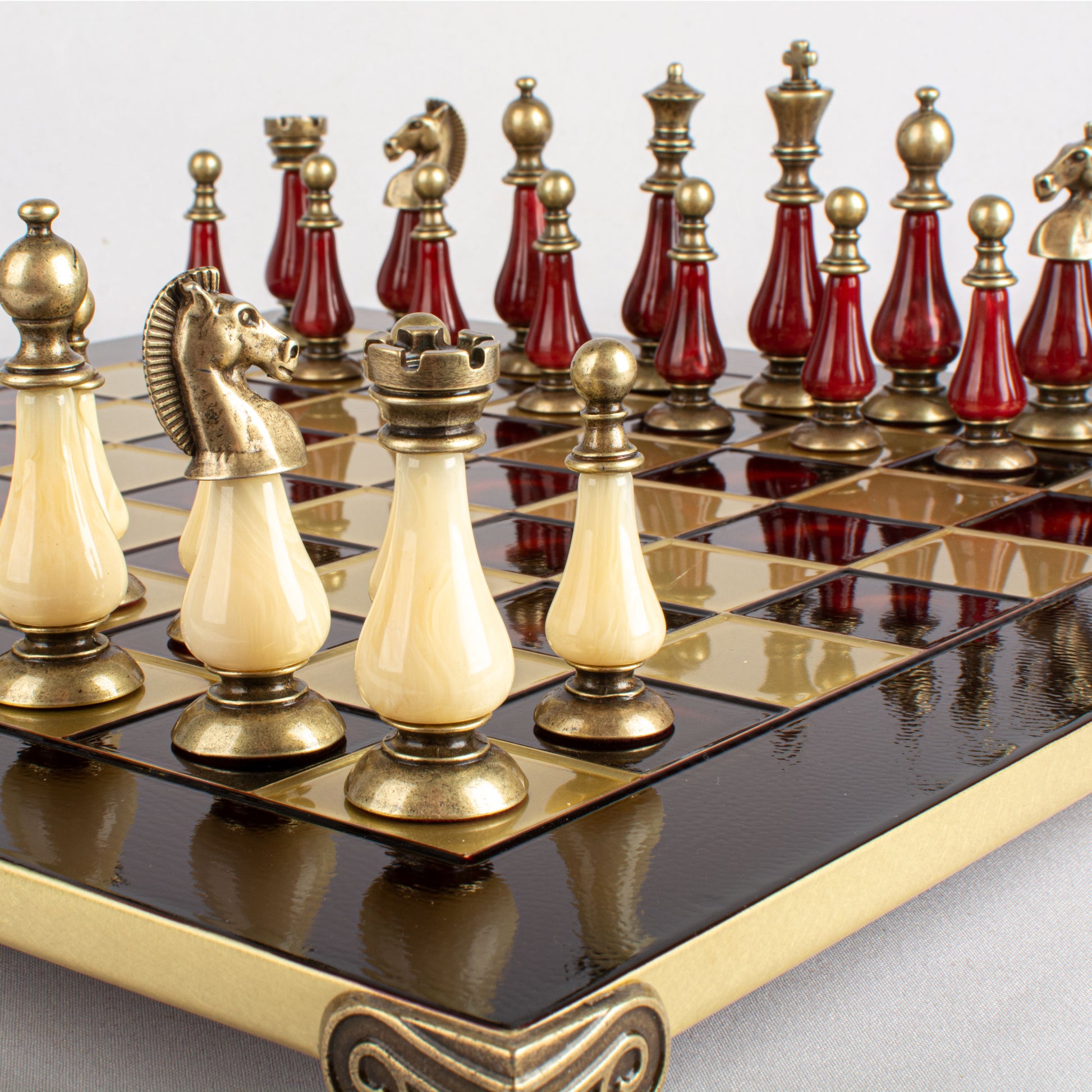 Handcrafted Chess Set, Brass and Pewter finish Chessmen with Red and ivory Pearl Elements (Large) (Copy) (Copy) - Premium Chess from MANOPOULOS Chess & Backgammon - Just €417! Shop now at MANOPOULOS Chess & Backgammon