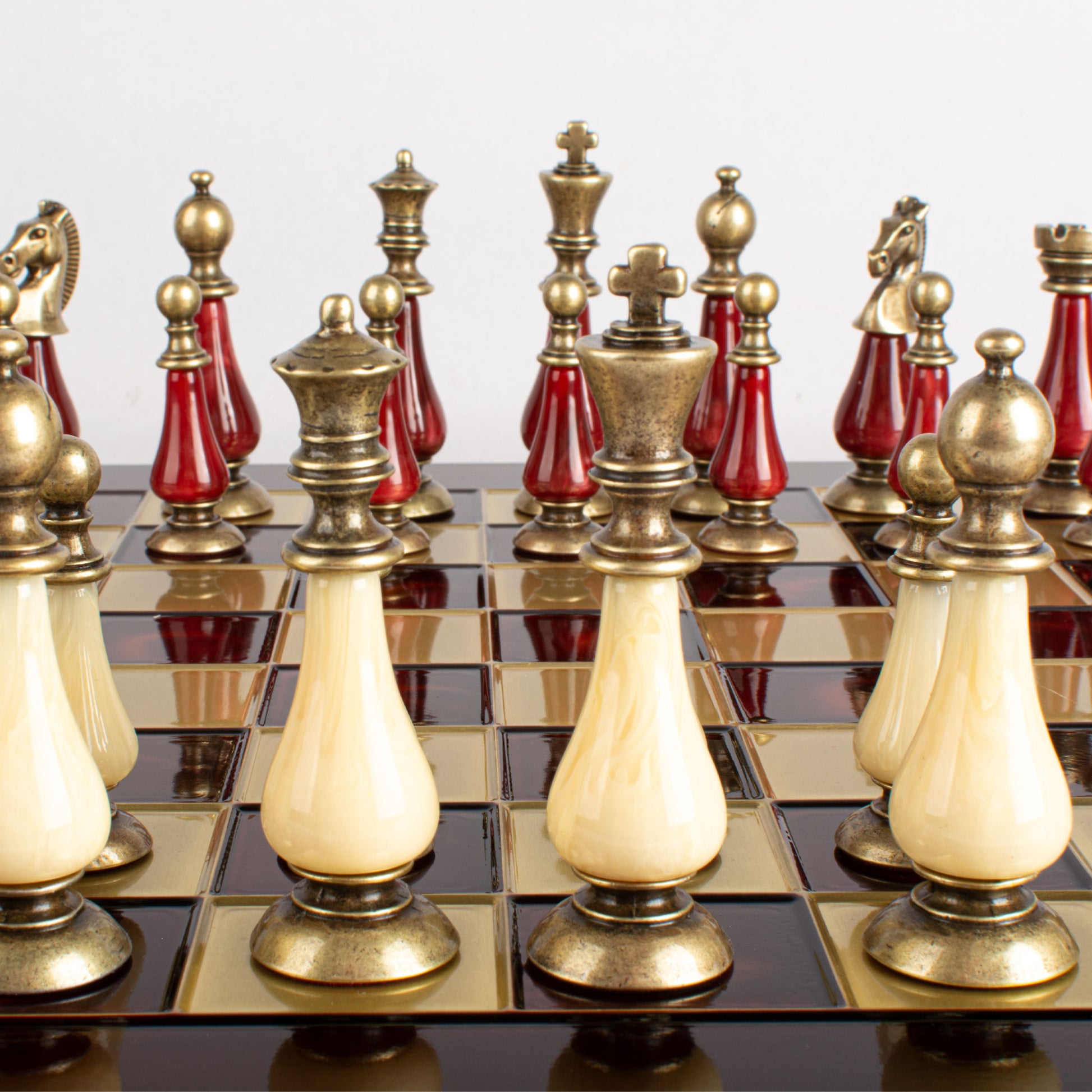 Handcrafted Chess Set, Brass and Pewter finish Chessmen with Red and ivory Pearl Elements (Large) (Copy) (Copy) - Premium Chess from MANOPOULOS Chess & Backgammon - Just €417! Shop now at MANOPOULOS Chess & Backgammon