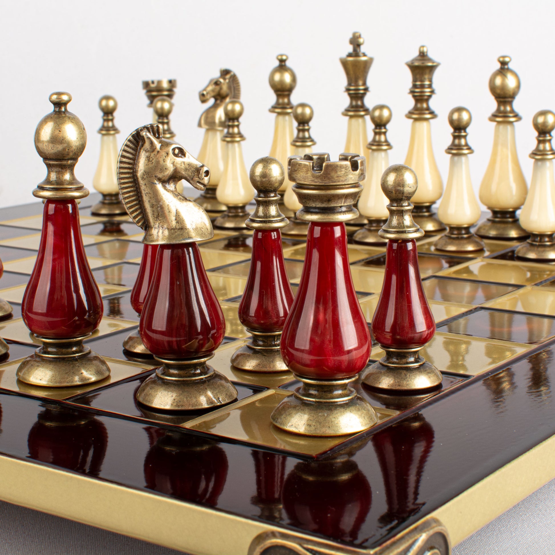 Handcrafted Chess Set, Brass and Pewter finish Chessmen with Red and ivory Pearl Elements (Large) (Copy) (Copy) - Premium Chess from MANOPOULOS Chess & Backgammon - Just €417! Shop now at MANOPOULOS Chess & Backgammon
