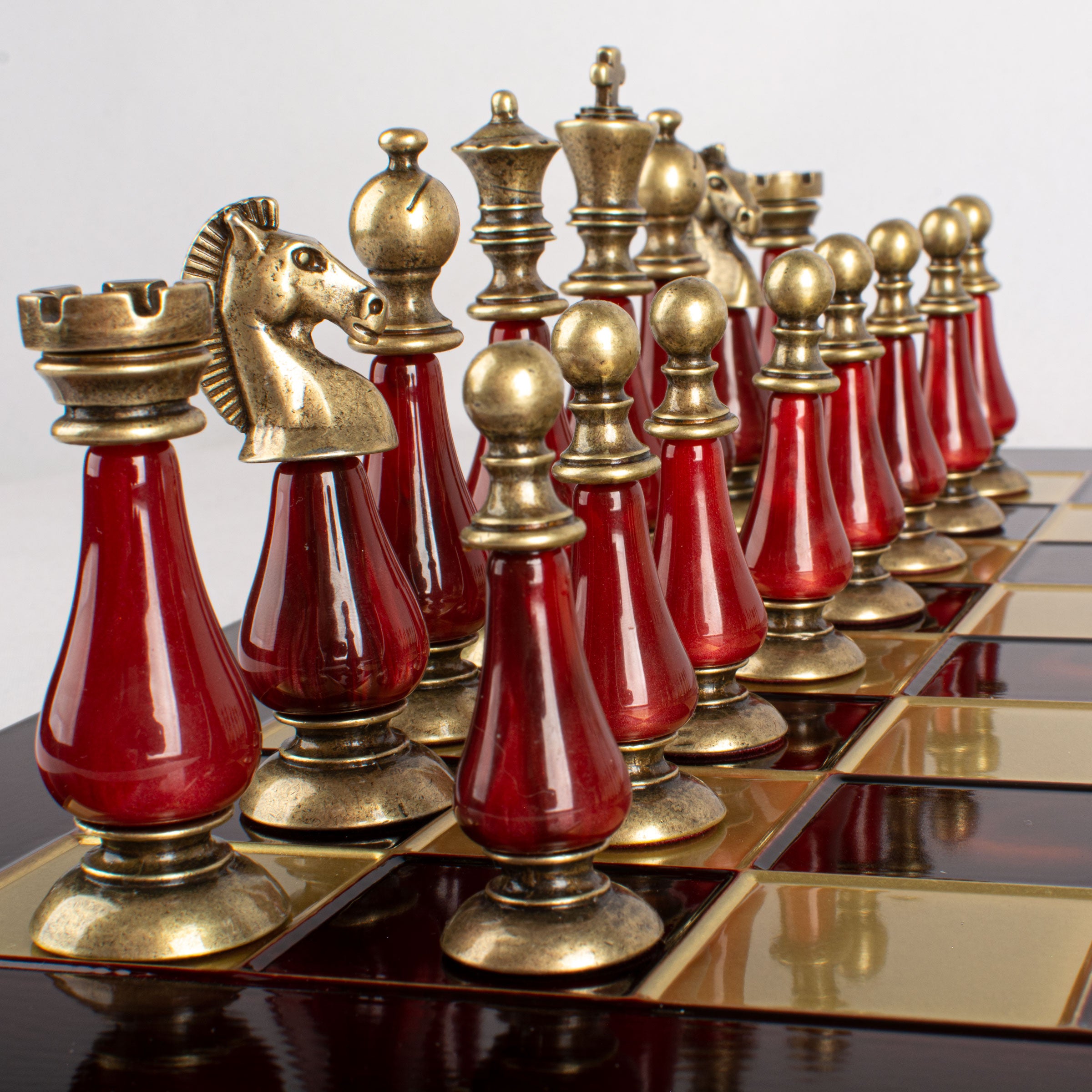 Handcrafted Chess Set, Brass and Pewter finish Chessmen with Red and ivory Pearl Elements (Large) (Copy) (Copy) - Premium Chess from MANOPOULOS Chess & Backgammon - Just €417! Shop now at MANOPOULOS Chess & Backgammon
