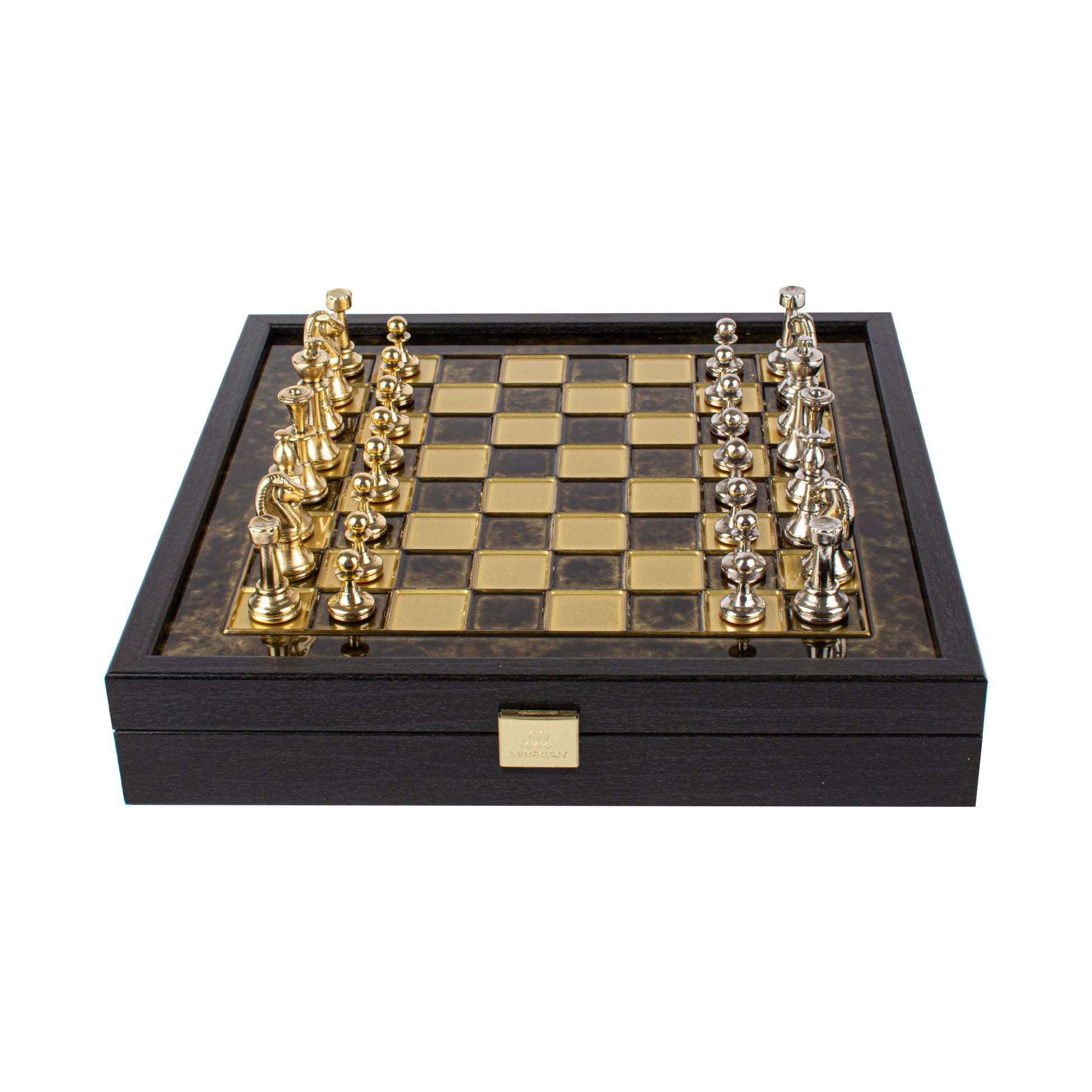 Handgefertigtes Schachspiel aus der griechischen Römerzeit in einer Holzkiste mit Aufbewahrung – Gold und Silber (klein)