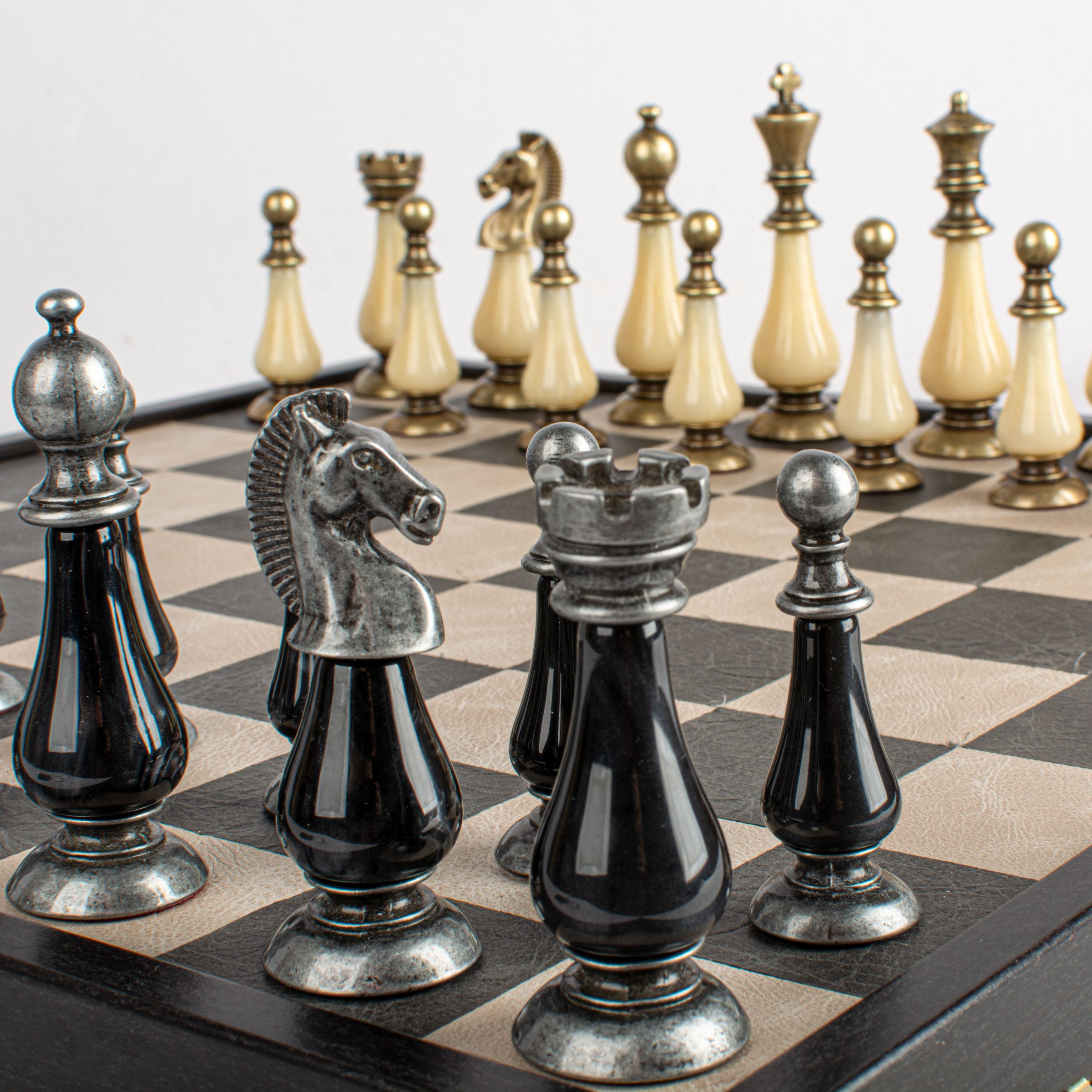 Black/White Leather Chessboard - 50x50cm with Brass and Pewter