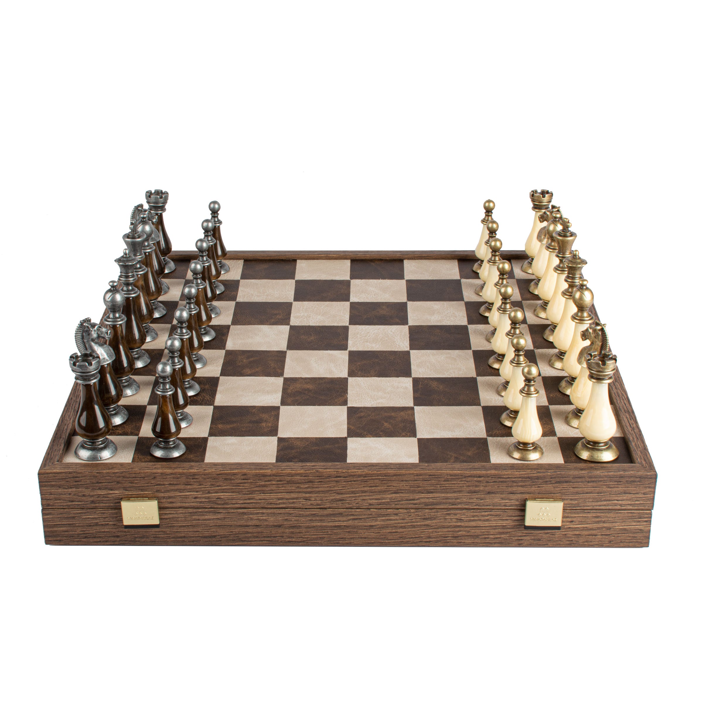 Luxury Brown/Ivory Leather Chess Set | Brass & Pearl Chessmen