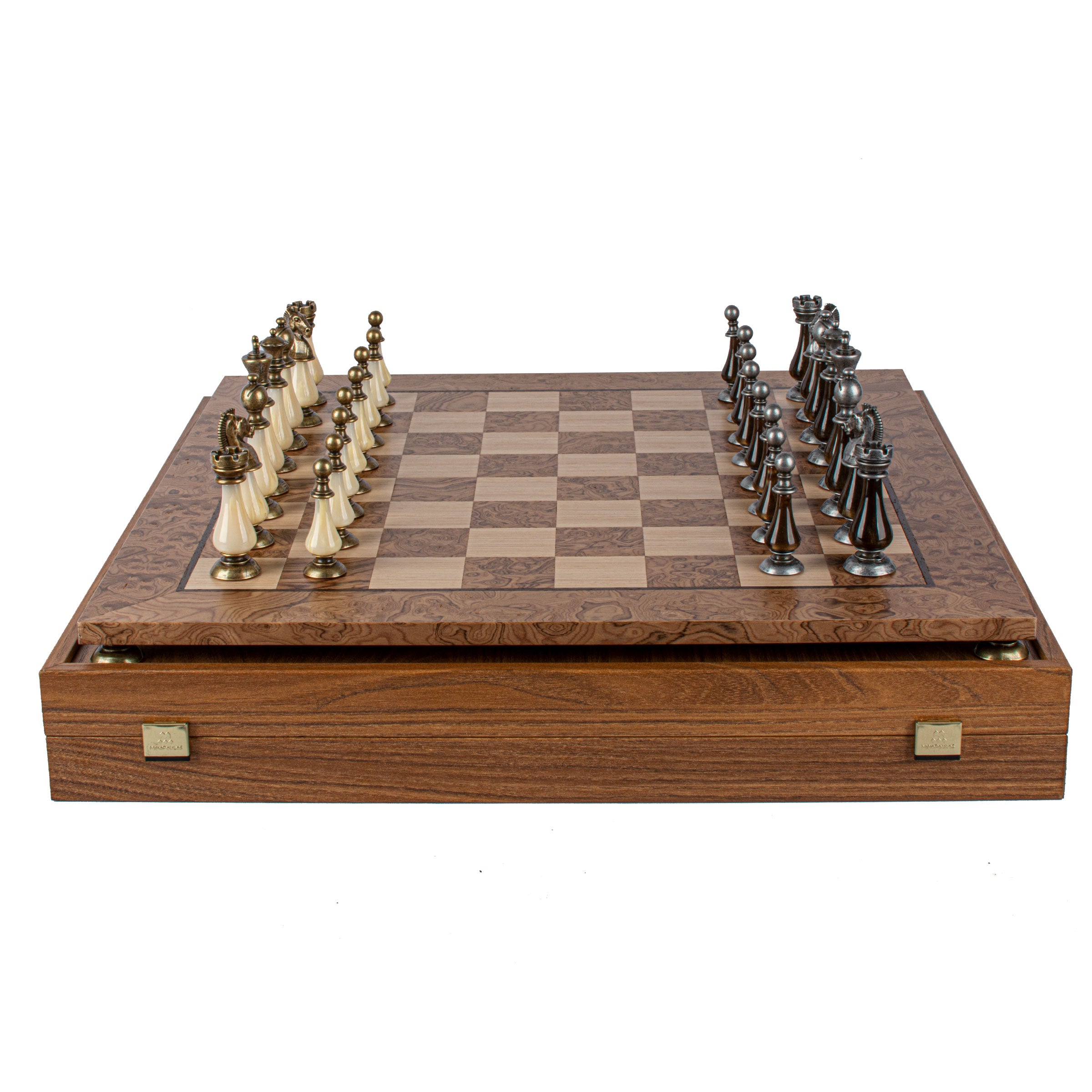Luxury Walnut Burl Chess Set | Brass, Pewter & Pearl Chessmen