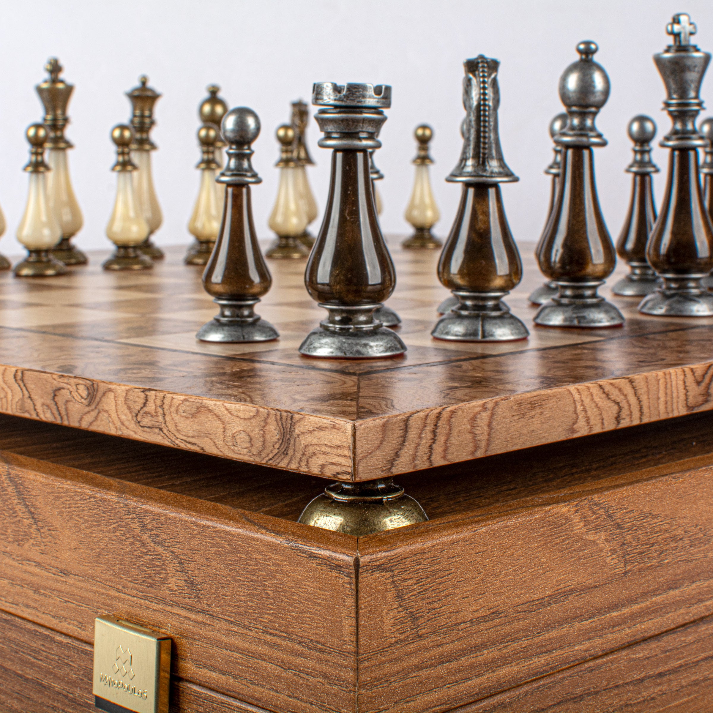 Luxury Walnut Burl Chess Set | Brass, Pewter & Pearl Chessmen