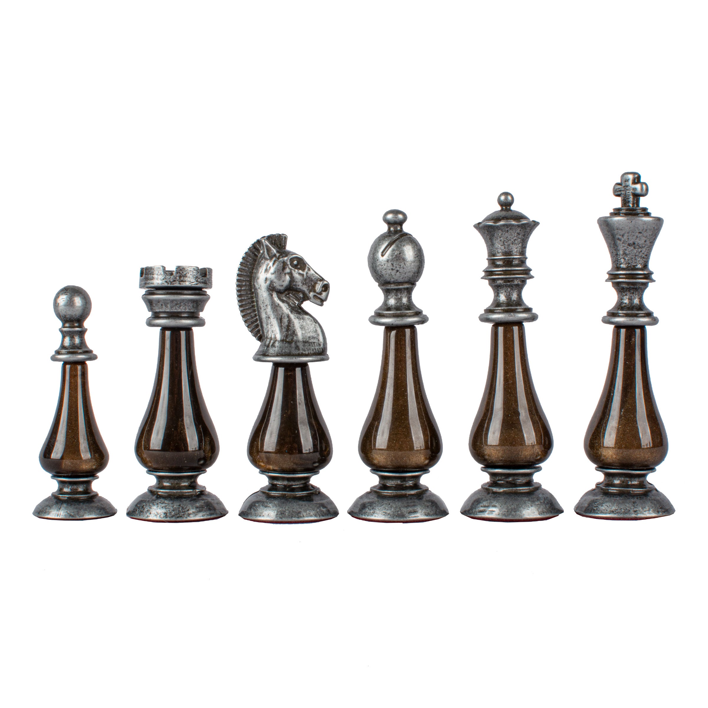 Luxury Walnut Burl Chess Set | Brass, Pewter & Pearl Chessmen