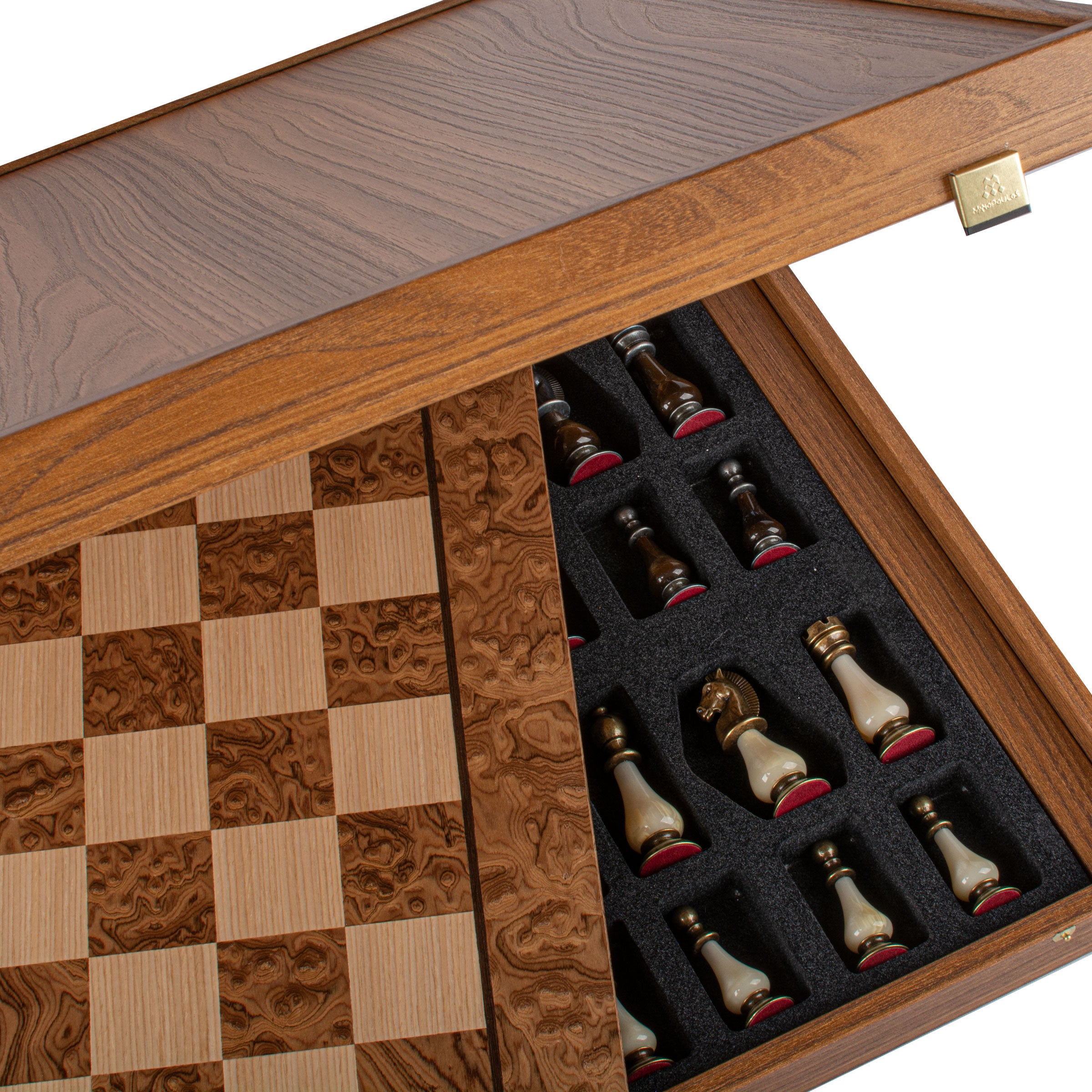 Luxury Walnut Burl Chess Set | Brass, Pewter & Pearl Chessmen