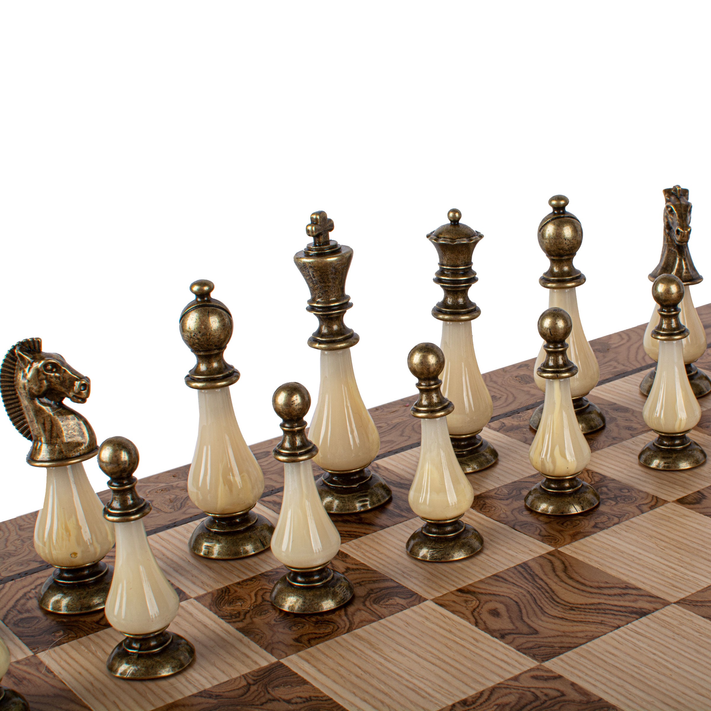 Luxury Walnut Burl Chess Set | Brass, Pewter & Pearl Chessmen