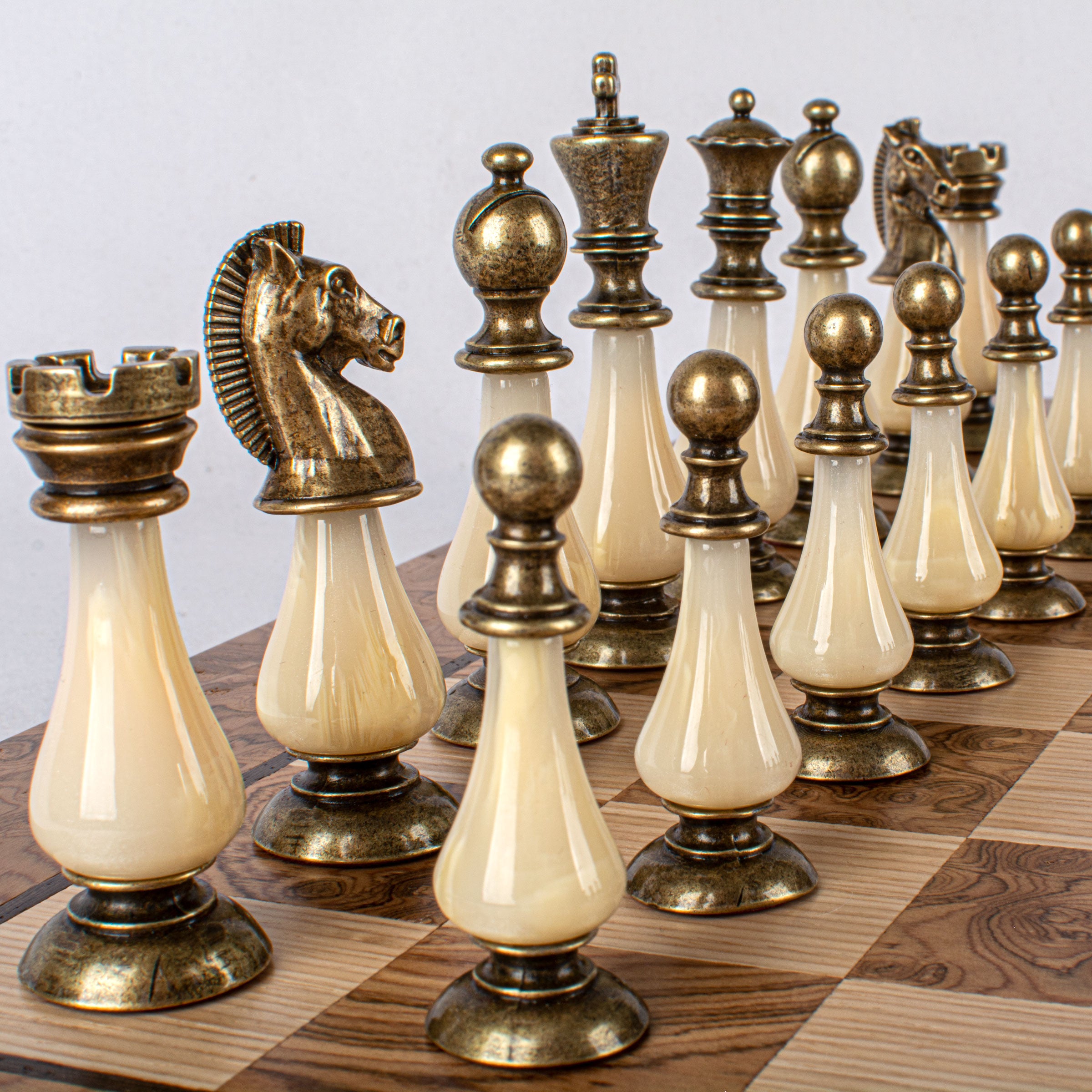 Luxury Walnut Burl Chess Set | Brass, Pewter & Pearl Chessmen