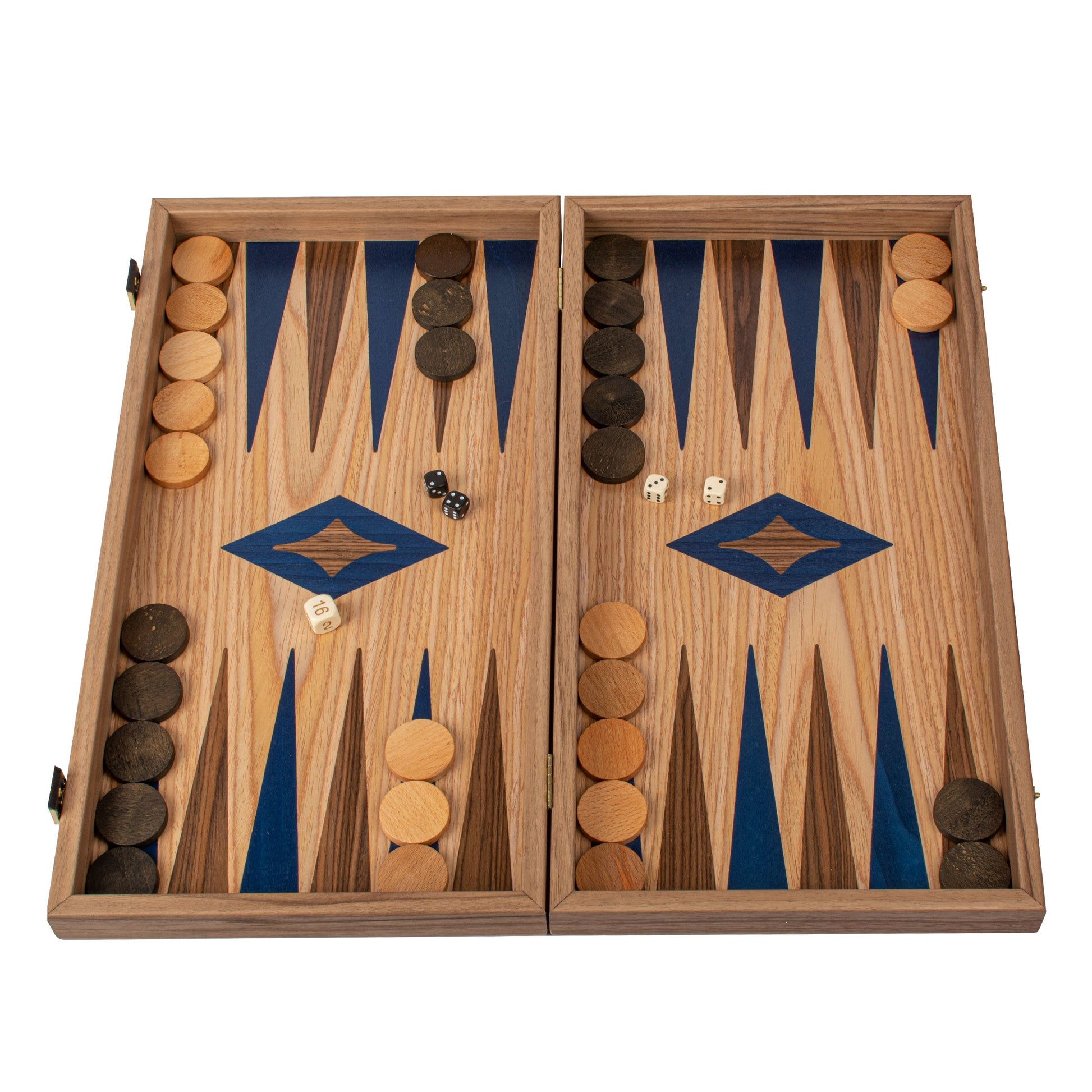 Handcrafted Oak/blue & American Walnut Backgammon Set - Elegant Marquetry Design - Premium Backgammon from MANOPOULOS Chess & Backgammon - Just €117! Shop now at MANOPOULOS Chess & Backgammon