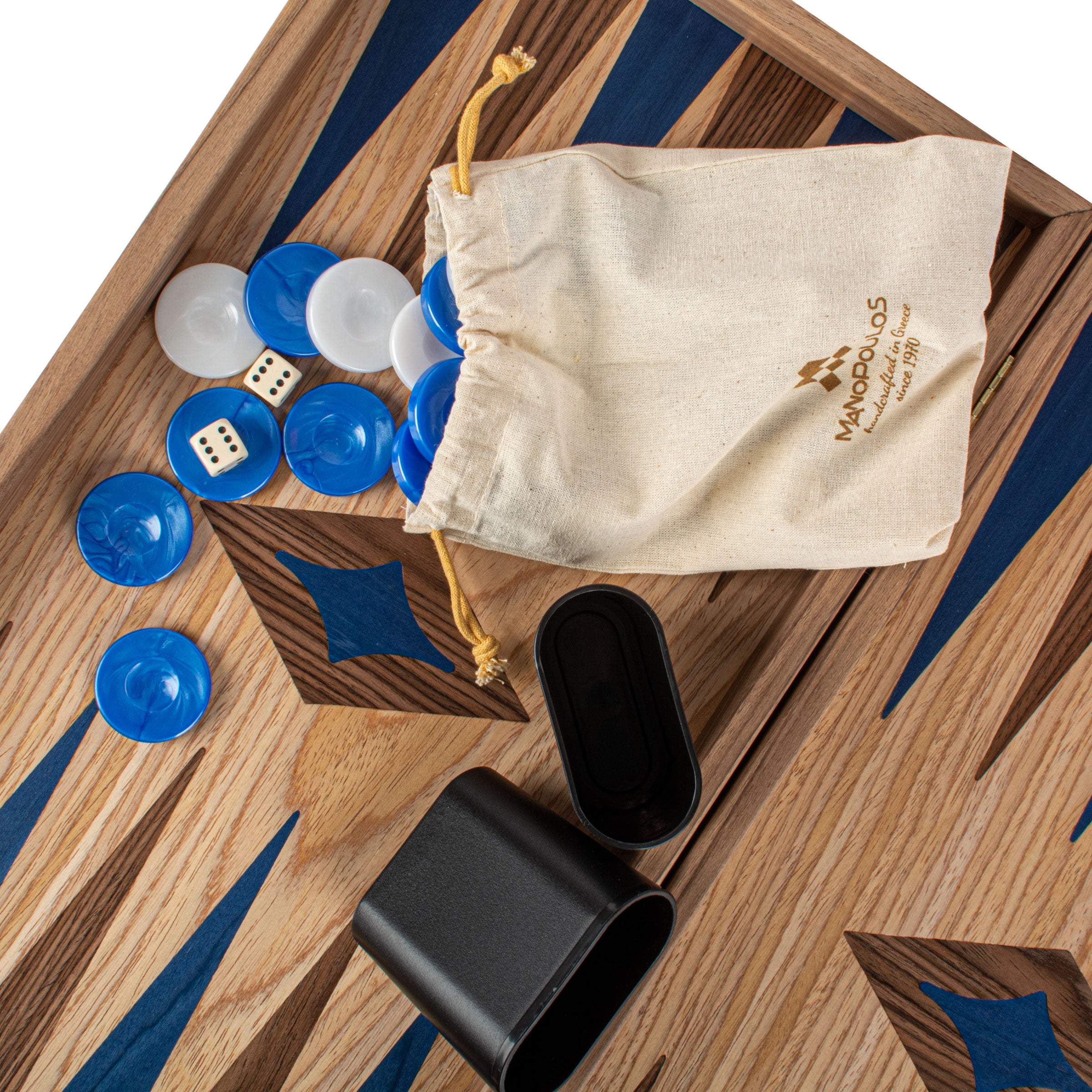 Handcrafted Oak/Blue & American Walnut Backgammon Set - Elegant Marquetry Design