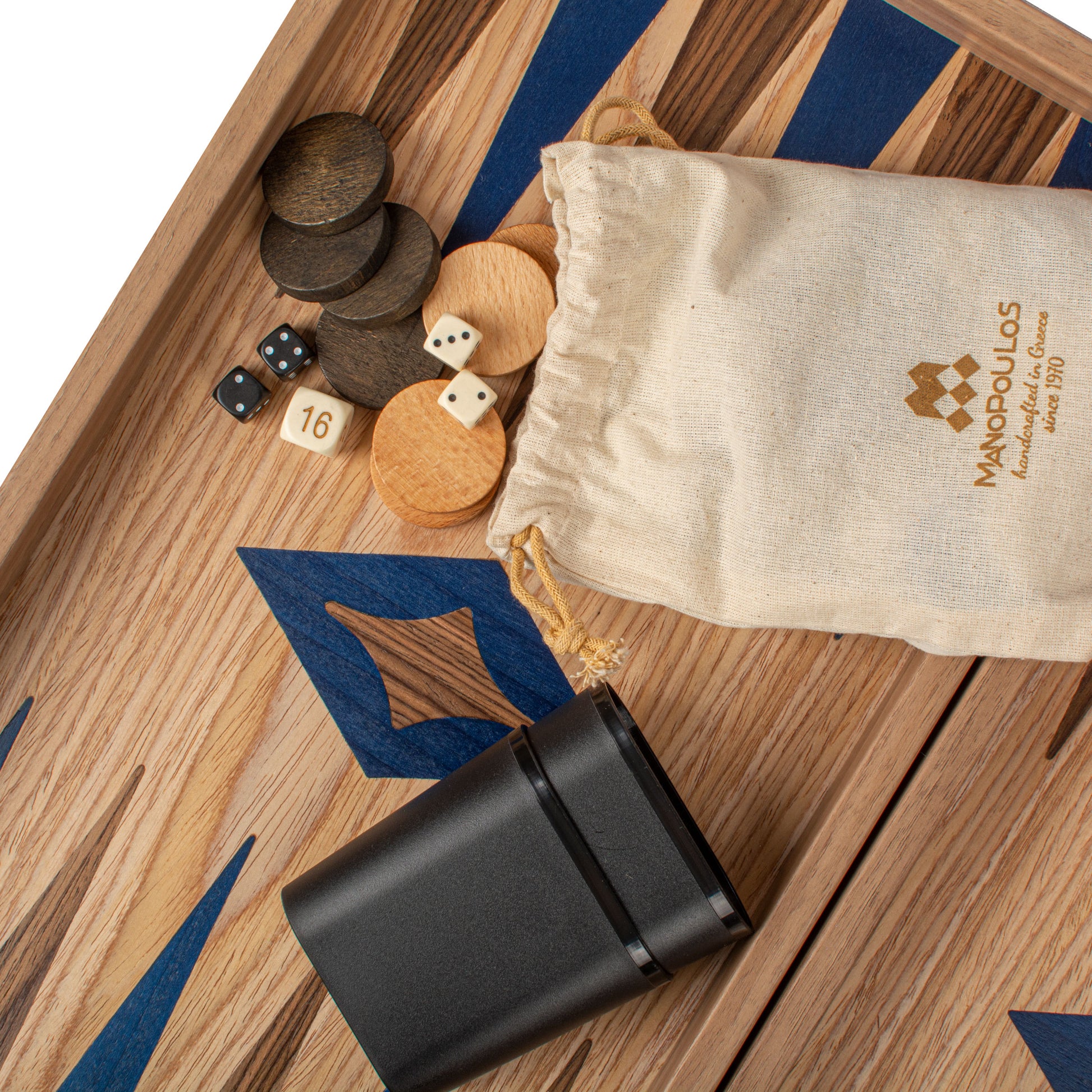 Handcrafted Oak/blue & American Walnut Backgammon Set - Elegant Marquetry Design - Premium Backgammon from MANOPOULOS Chess & Backgammon - Just €117! Shop now at MANOPOULOS Chess & Backgammon