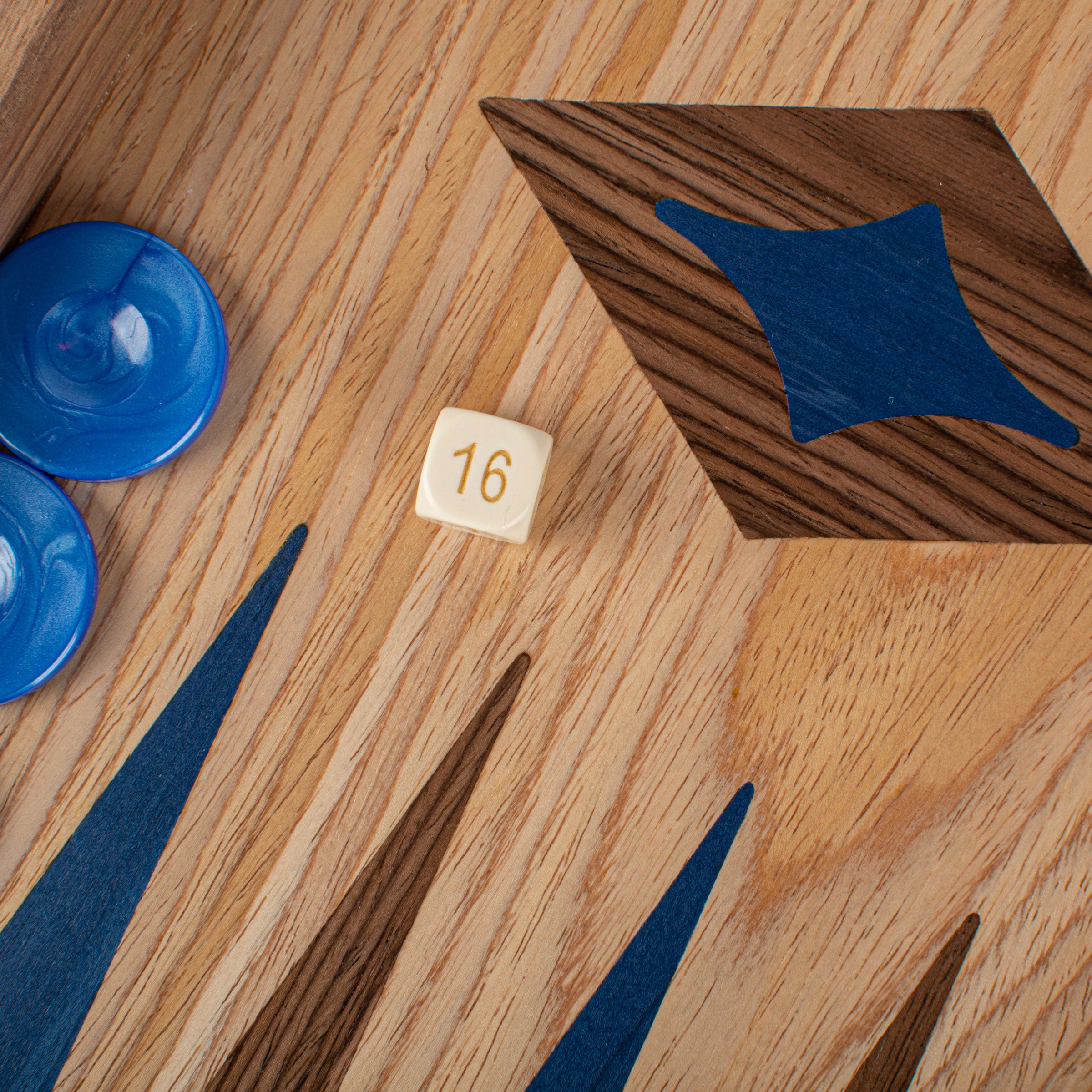 Handcrafted Oak/Blue & American Walnut Backgammon Set - Elegant Marquetry Design