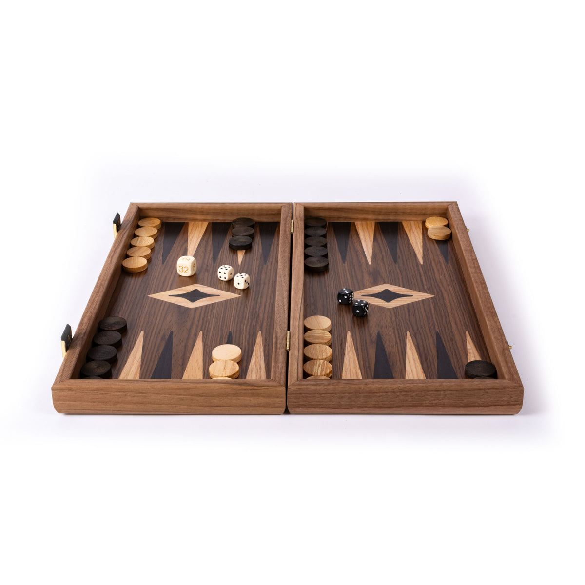 Open wooden backgammon board with inlaid geometric details, black and cream playing pieces, and dice arranged on a white background