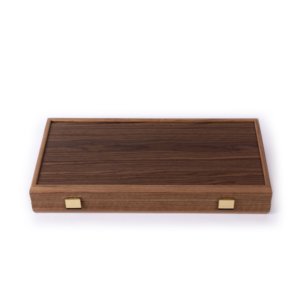 Empty rectangular wooden game board with a dark wood playing surface and two brass clasps against a white background