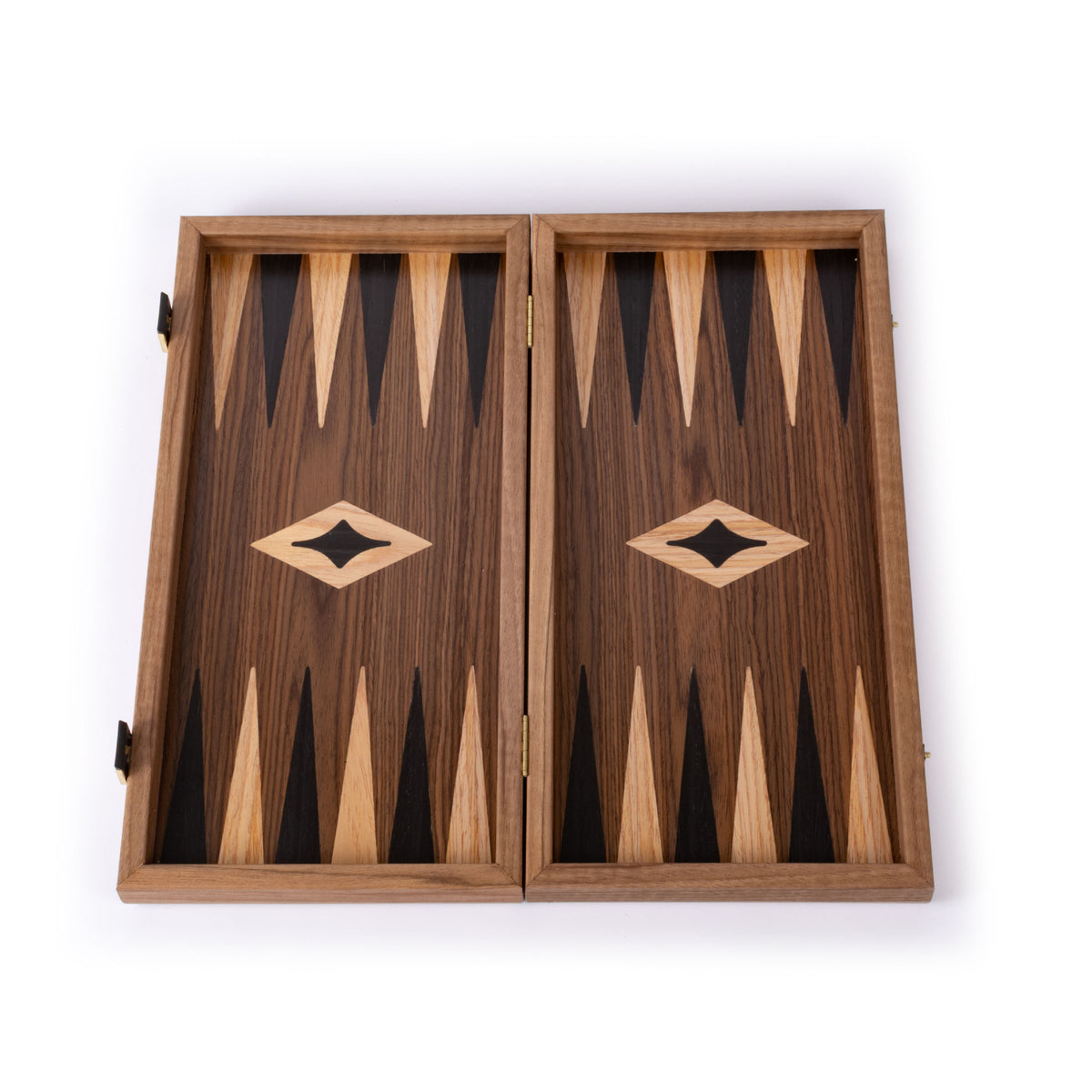 Open wooden backgammon board with dark and light geometric points and matching diamond inlays displayed against a white background