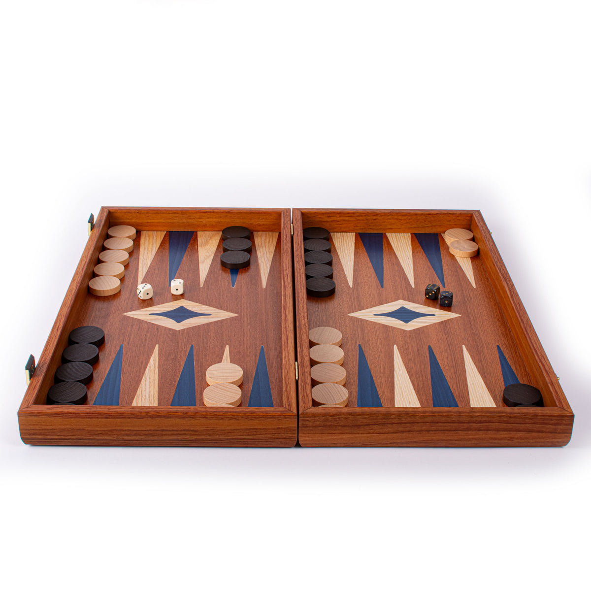 Handcrafted mahogany backgammon set with blue and cream marquetry points plus checkers and dice by MANOPOULOS Chess and Backgammon