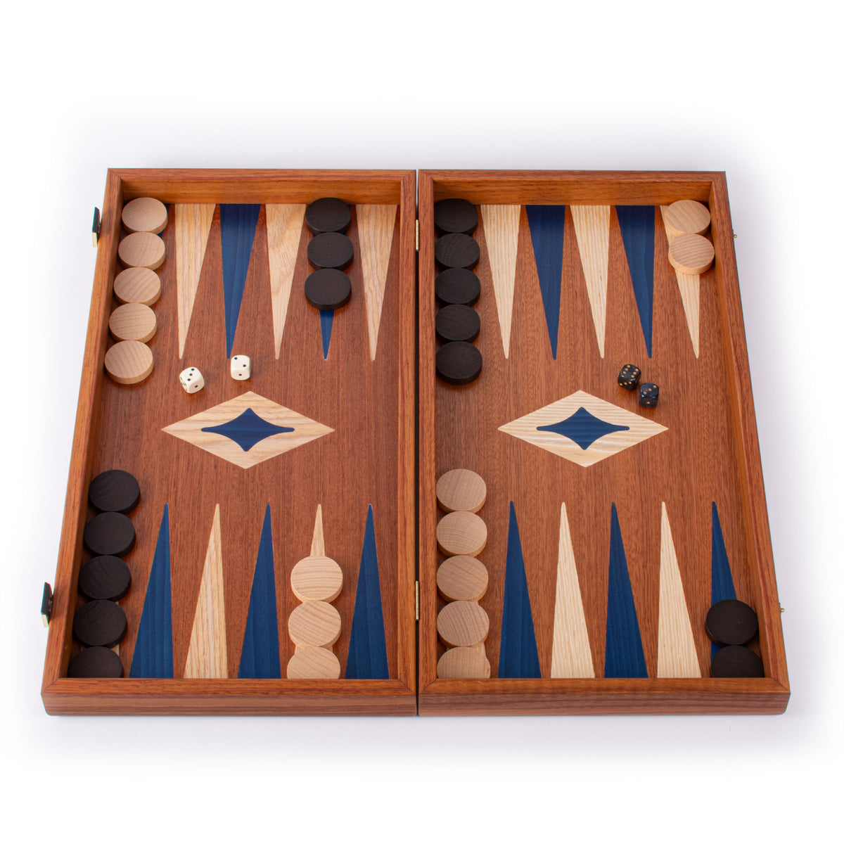 Open handcrafted mahogany backgammon set with blue and cream marquetry points and checkers by MANOPOULOS Chess and Backgammon