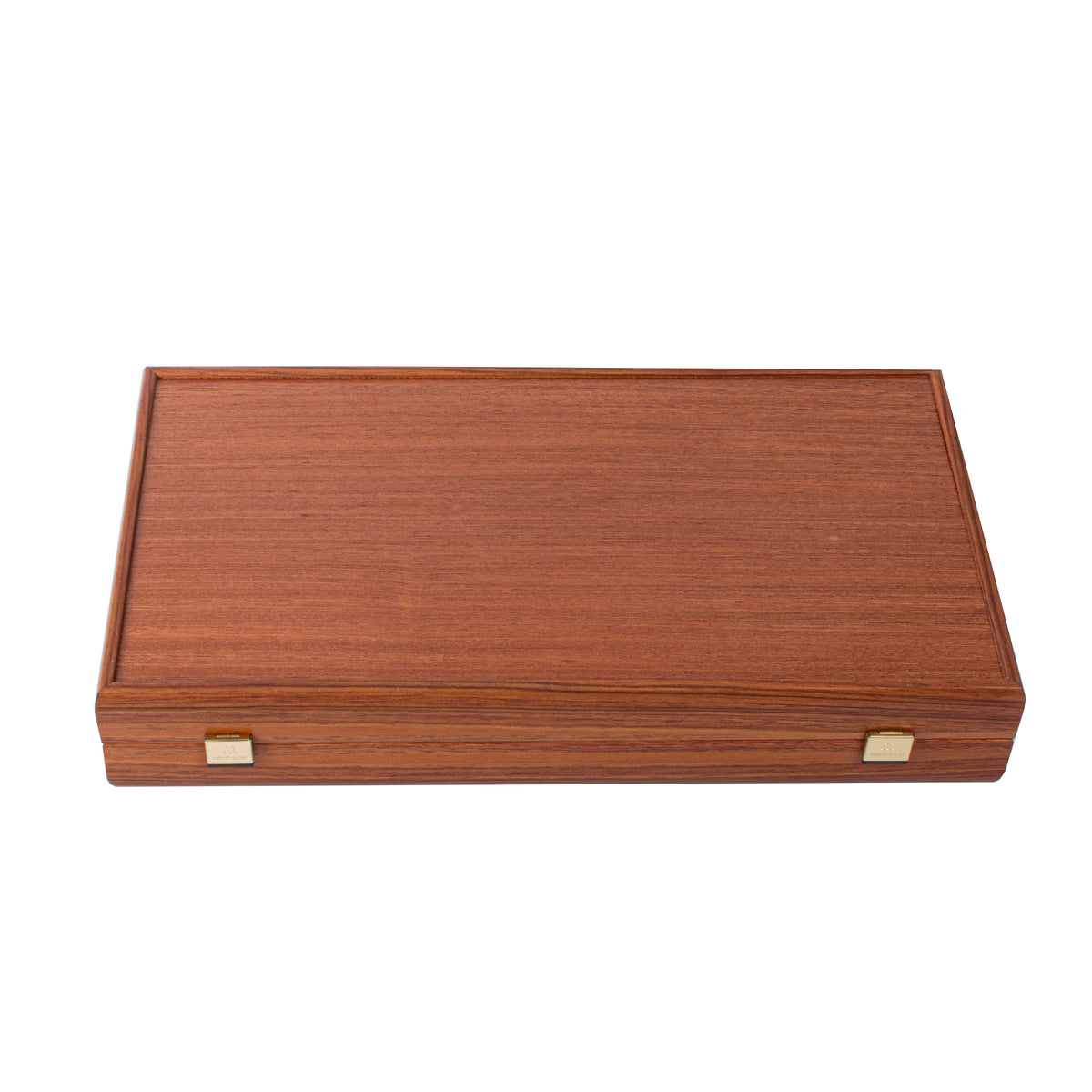 Closed handcrafted mahogany backgammon case with polished wood grain and brass clasps by MANOPOULOS Chess and Backgammon showcasing Greek craftsmanship and luxury design