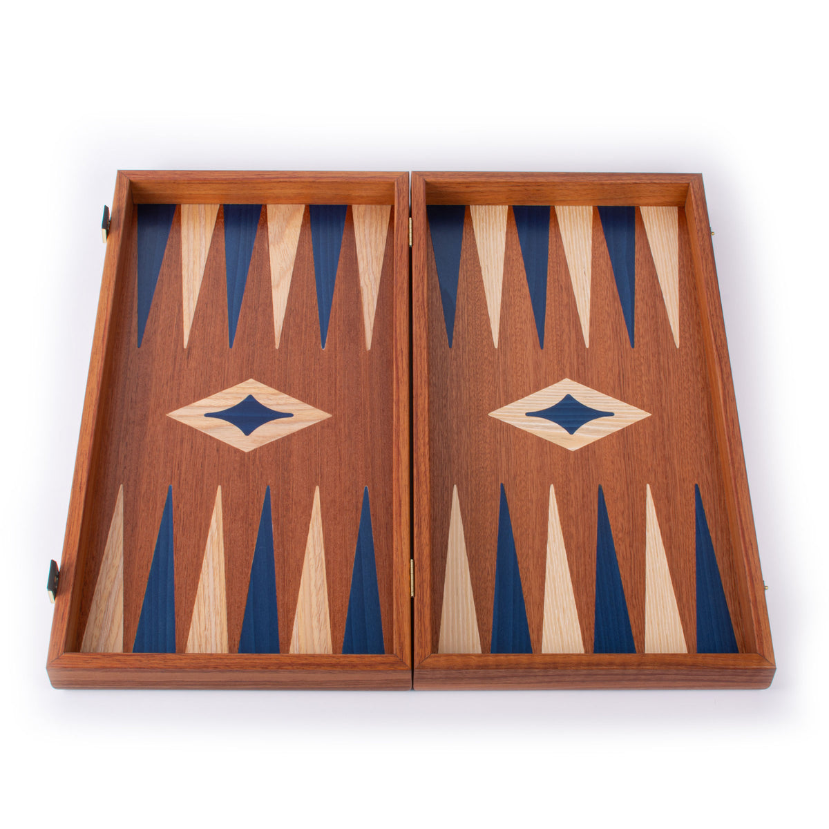Open handcrafted mahogany backgammon set with blue and cream marquetry points from MANOPOULOS Chess and Backgammon showcasing Greek craftsmanship and luxury design