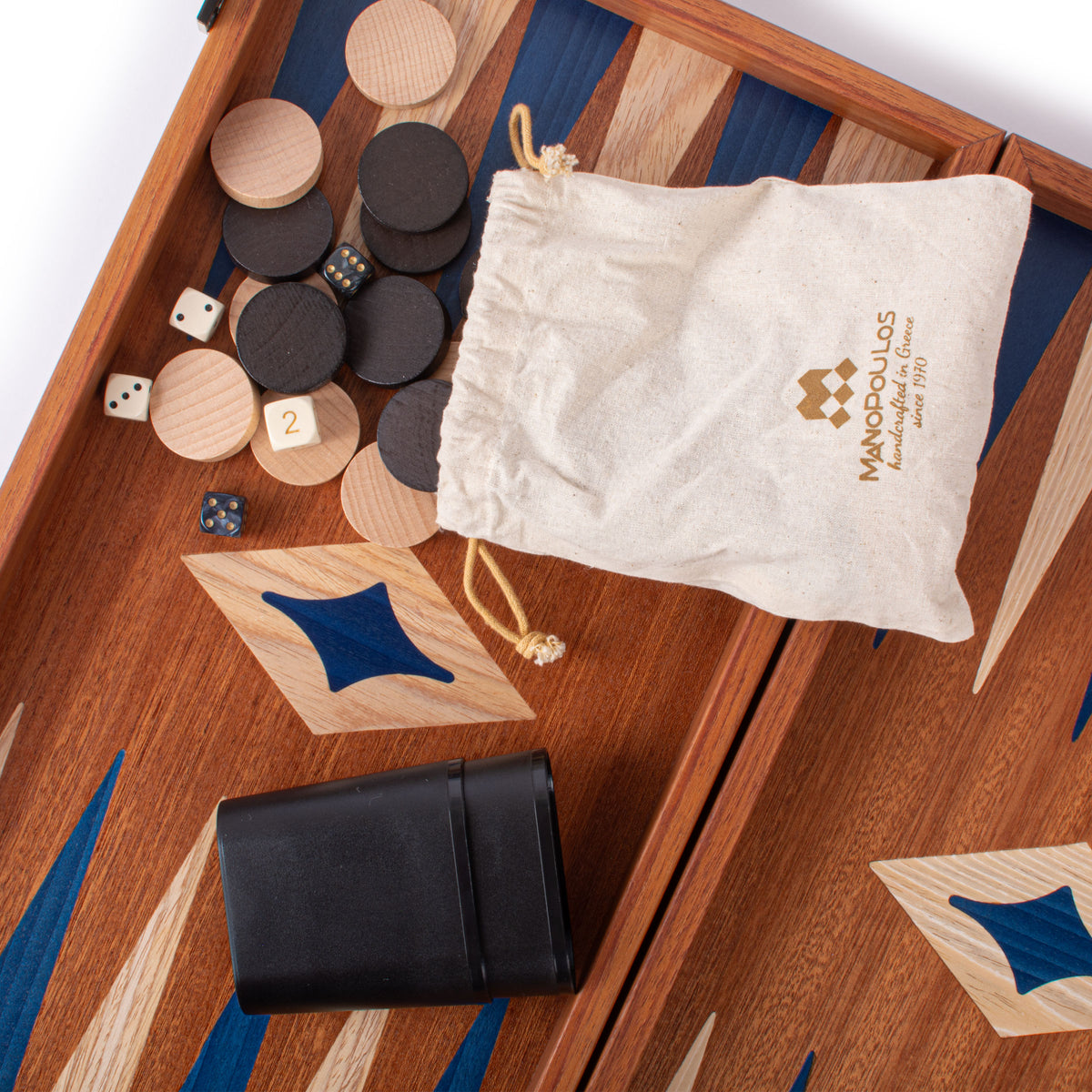 Blue and mahogany handcrafted backgammon board with marquetry details pieces dice storage pouch and case by MANOPOULOS Chess and Backgammon
