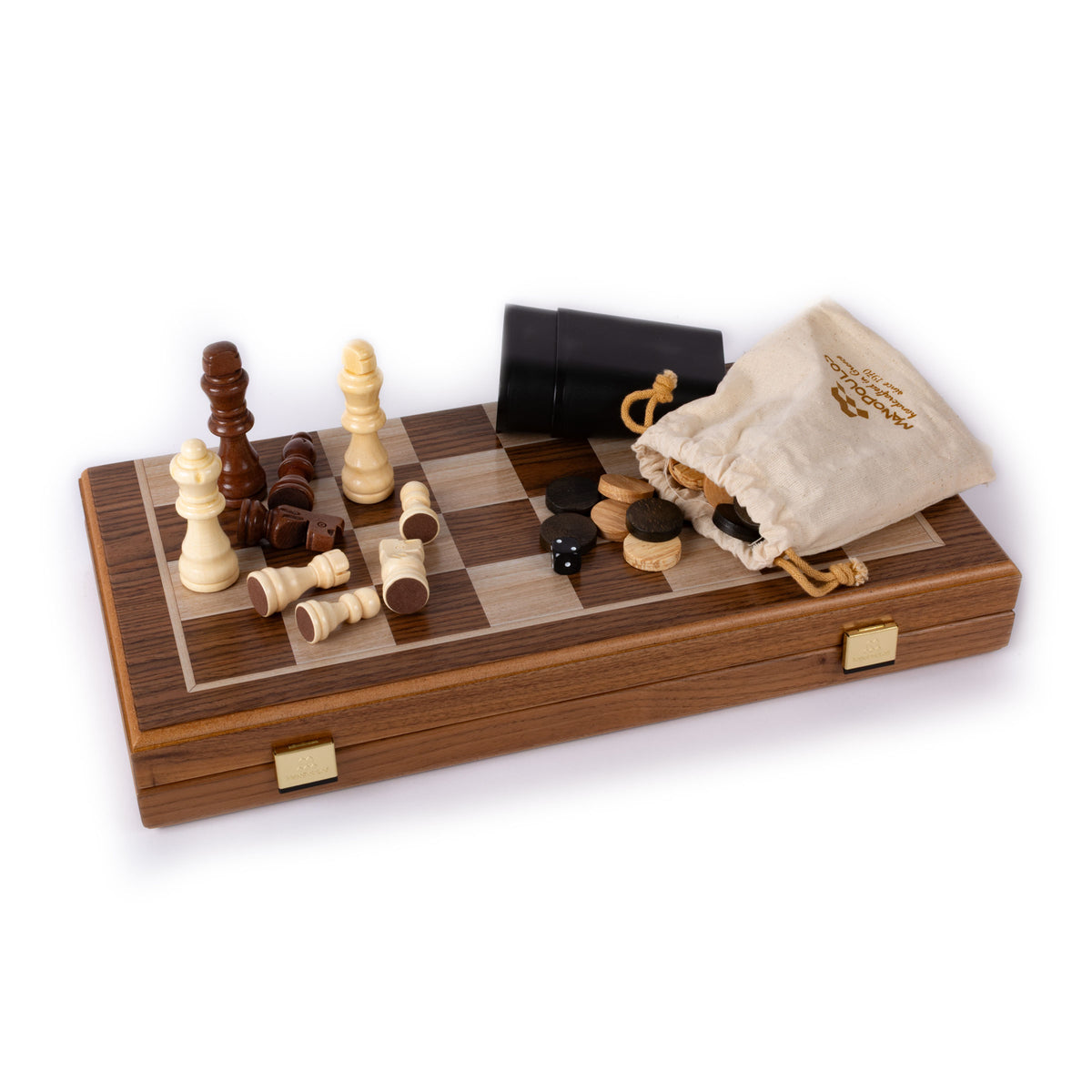 Handgefertigtes 3-in-1-Schach-, Backgammon- und Dame-Set aus Walnussholz – elegantes Intarsien-Design