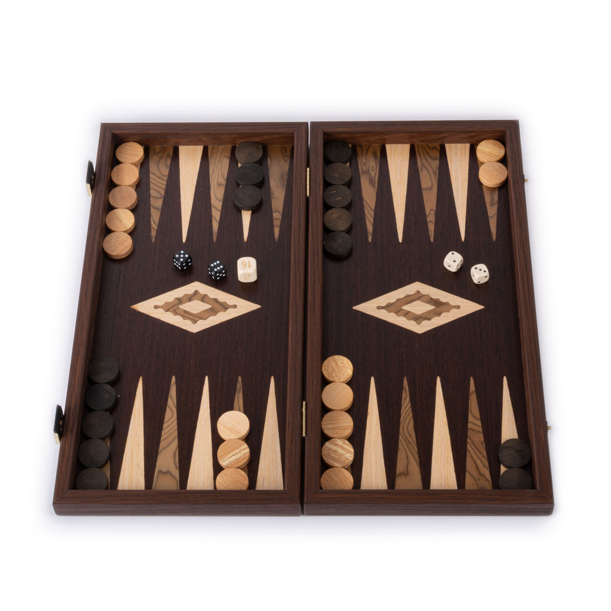 Open handcrafted wenge and walnut burl backgammon set with marquetry points wooden checkers and dice by Manopoulos Chess and Backgammon