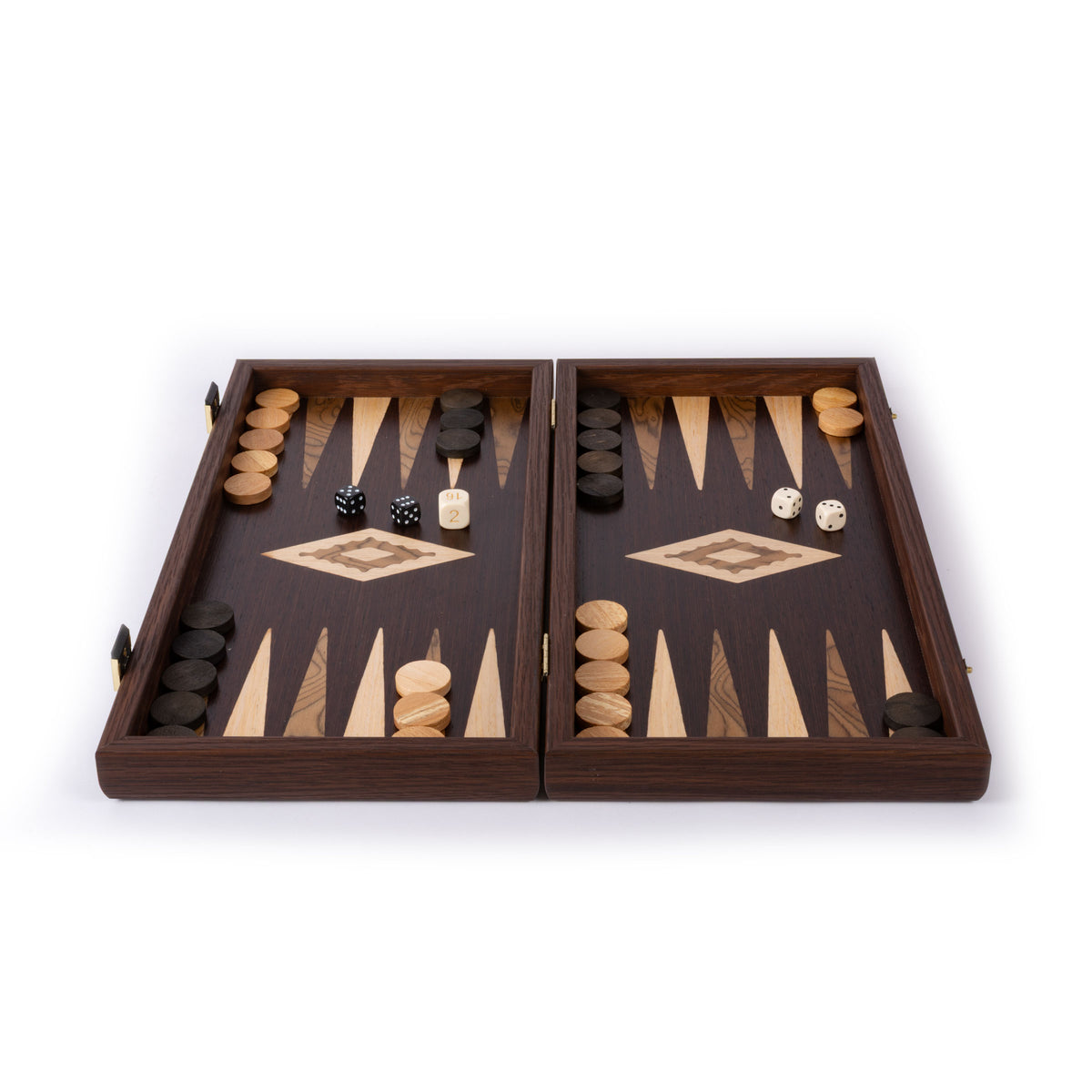 Open luxury backgammon set in wenge and walnut burl with marquetry detailing, wooden checkers and dice, handcrafted in Greece by MANOPOULOS Chess and Backgammon