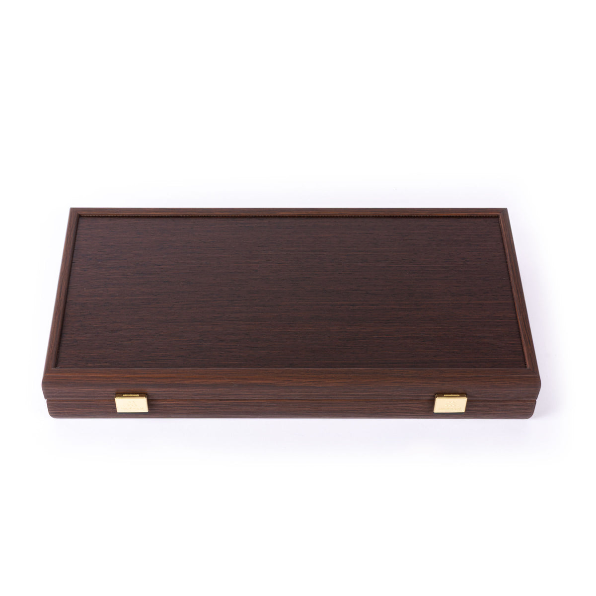 Handcrafted dark wood backgammon case with an elegant marquetry panel and brass clasps by MANOPOULOS Chess and Backgammon in Greece