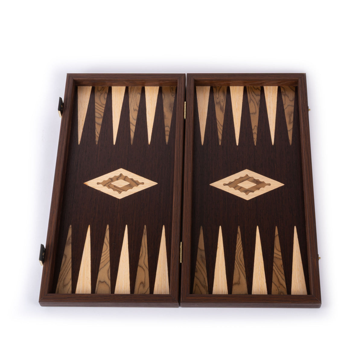 Open handcrafted wenge and walnut burl backgammon board with elegant marquetry inlay, rich dark wood, and geometric playing points by MANOPOULOS Chess and Backgammon