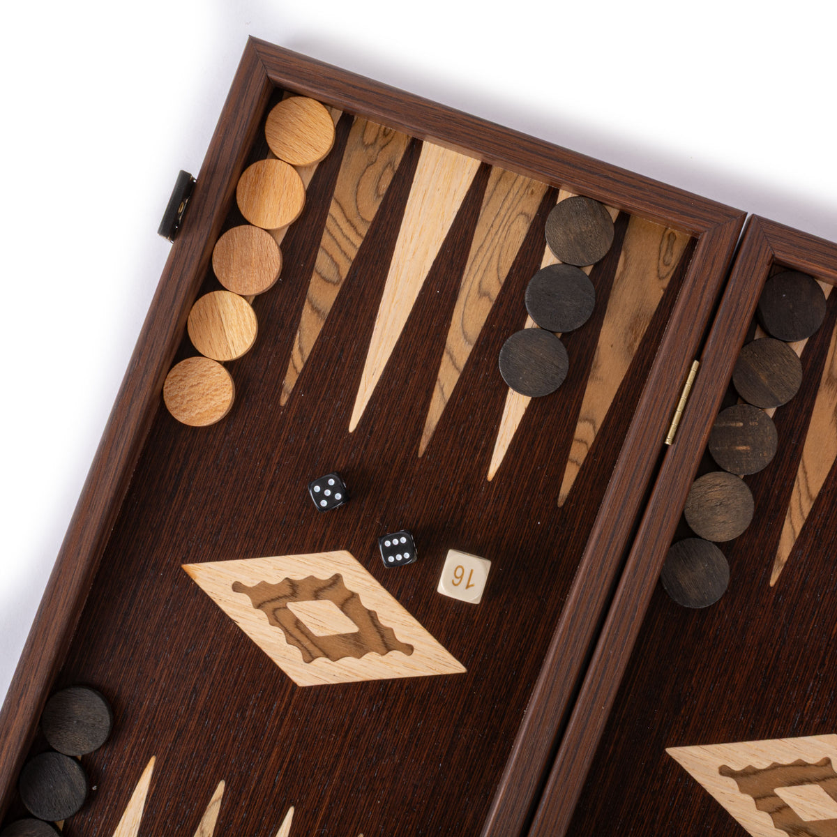 Handcrafted wooden backgammon board with dark wenge and walnut burl marquetry, wooden checkers and dice by Manopoulos Chess and Backgammon