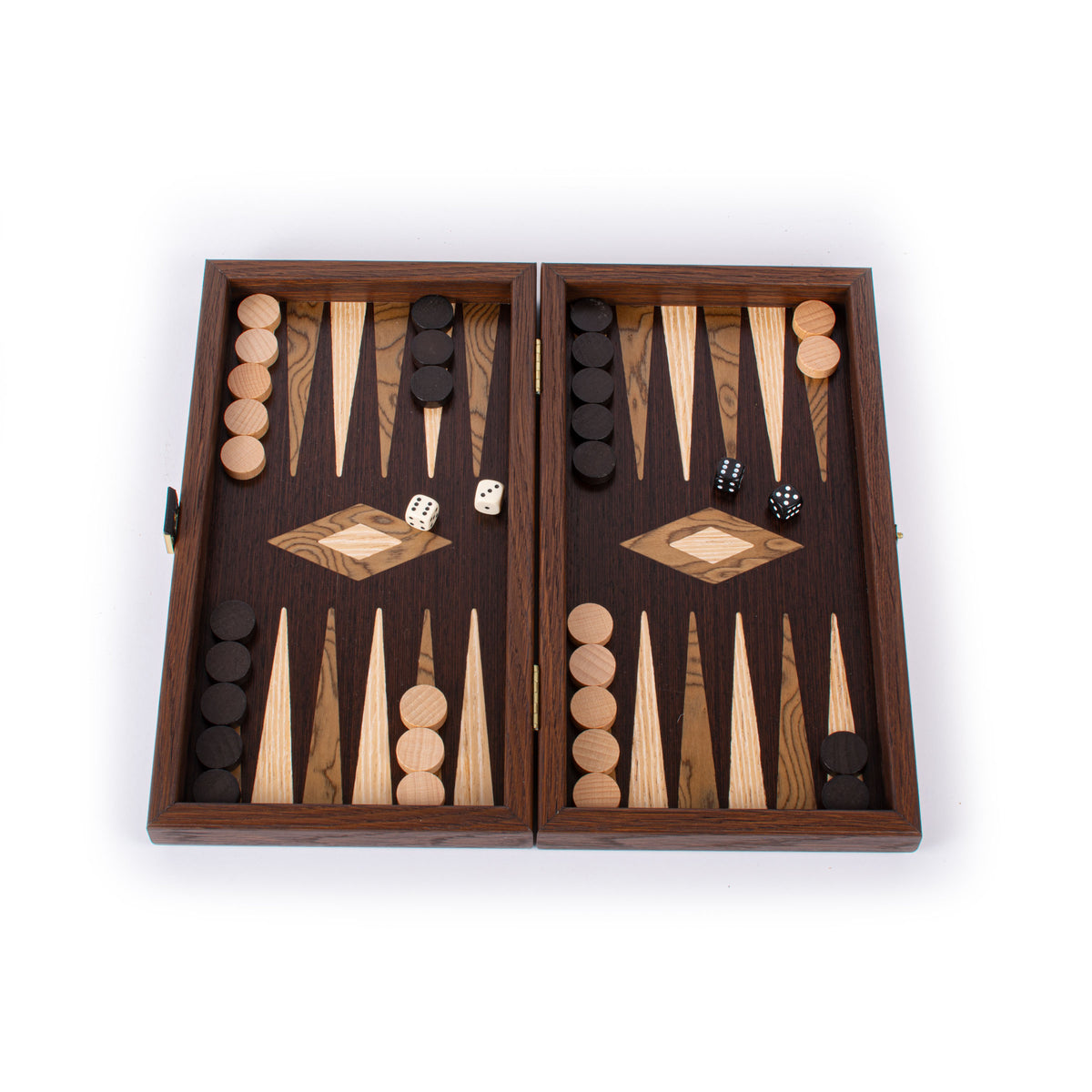 Open handcrafted backgammon set with dark wenge wood, walnut burl marquetry, playing pieces and dice, presented by MANOPOULOS Chess and Backgammon for elegant game nights and decor