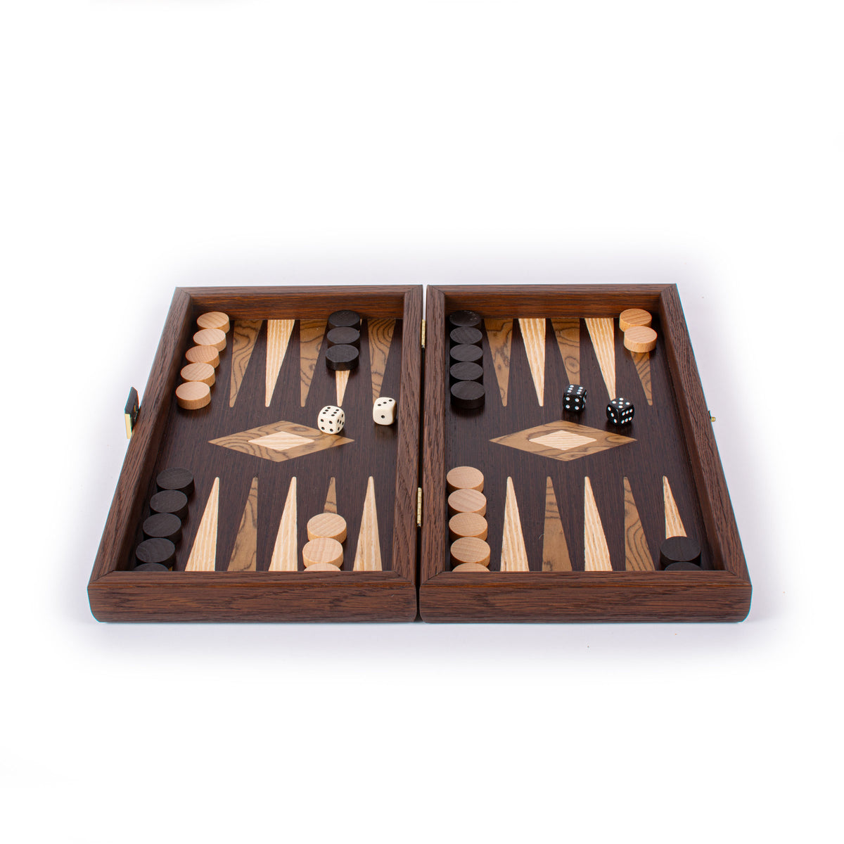 Open handcrafted wenge and walnut burl backgammon set with marquetry board and playing pieces from MANOPOULOS Chess and Backgammon Greek craftsmanship