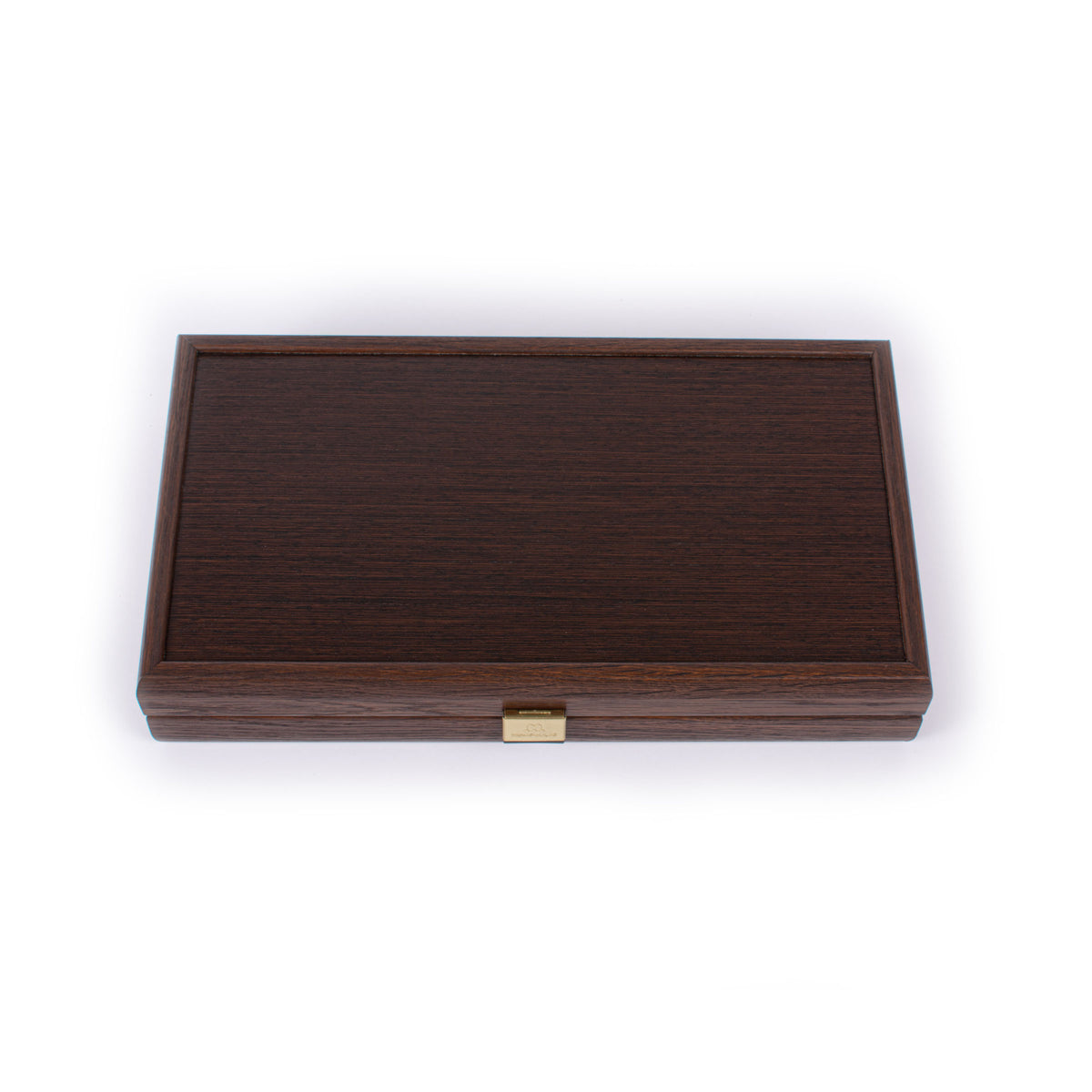Closed handcrafted dark wood backgammon set with rich wenge and walnut burl finish and brass clasp by Manopoulos Chess and Backgammon