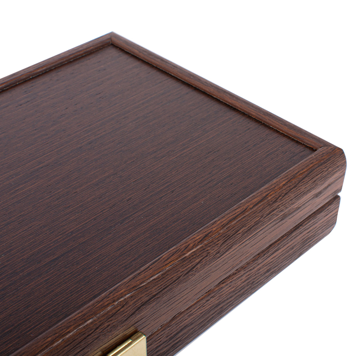 Manopoulos handcrafted dark wenge wooden backgammon case with raised edges and brass clasp showcasing Greek craftsmanship